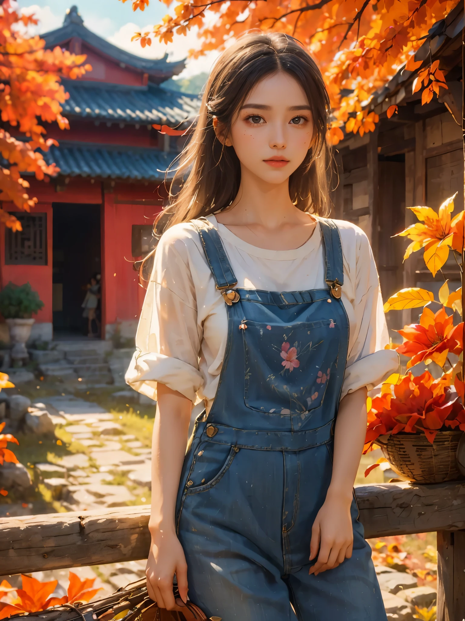 Imaginative thoughts on your dream girlfriend、Warm depiction，Envisioned as a dream lover and lifelong partner。She embodies the simplicity of Chinese rural girls、Industrious，Integrated with wisdom、Beautiful and hard-working character。This artistic depiction shows her in a rural setting，Exuding sweetness、Romantic atmosphere。((She wears simple denim overalls and a white shirt))，Reflecting her humble origins and down-to-earth character。Her facial features are gentle and beautiful，The expression is kind、Tempting。The background is a picturesque rural landscape，Rolling hills、Fields and traditional country houses，Adds a sweet rustic romantic charm。The overall style blends realism and idealized rural beauty，embodies the dreamlike、The Essence of a Cute Country Girl, (floral watercolor painting:1.5)，(Super high saturation, bright and vivid colors:1.5), (nsfw), (Look at the audience head-on:1.5)