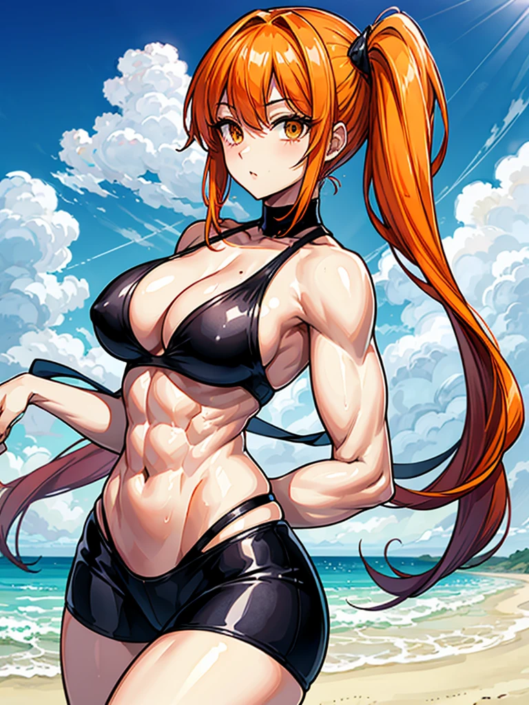 （（（masterpiece、Highest image quality、highest quality、highly detailed unity 8ｋwallpaper）））、（（Illustration of one girl））、（（（beautiful girl）））、（（orange hair、side ponytail、sidelocks：1.3、orange eyes））、（（（stocky build：1.2, thickset physique：1.3, muscular legs, broad shoulders：1.3, solid chest：1.2）））、swimsuit、sandy beach