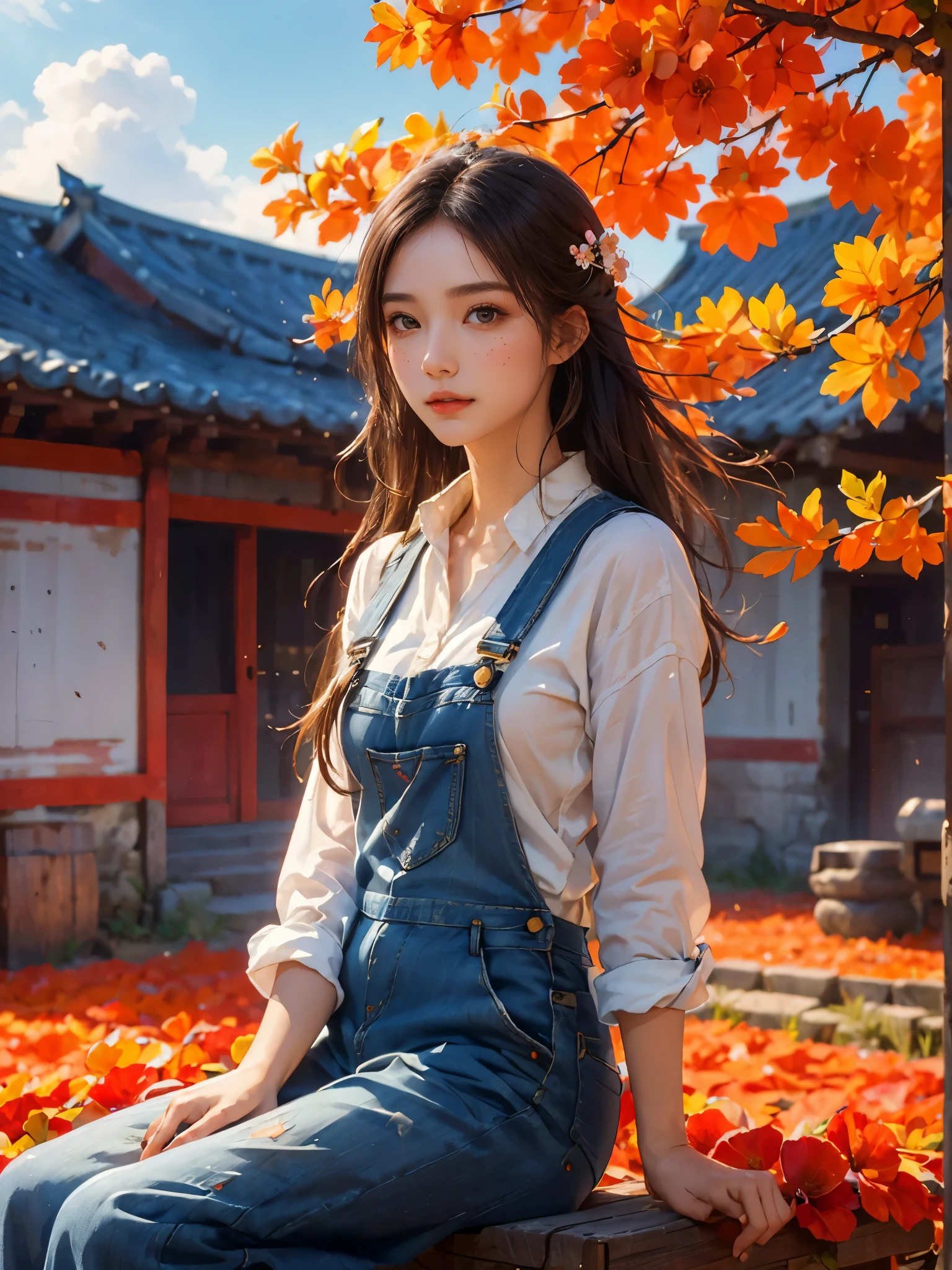 Imaginative thoughts on your dream girlfriend、Warm depiction，Envisioned as a dream lover and lifelong partner。She embodies the simplicity of Chinese rural girls、Industrious，Integrated with wisdom、Beautiful and hard-working character。This artistic depiction shows her in a rural setting，Exuding sweetness、Romantic atmosphere。((She wears simple denim overalls and a white shirt))，Reflecting her humble origins and down-to-earth character。Her facial features are gentle and beautiful，The expression is kind、Tempting。The background is a picturesque rural landscape，Rolling hills、Fields and traditional country houses，Adds a sweet rustic romantic charm。The overall style blends realism and idealized rural beauty，embodies the dreamlike、The Essence of a Cute Country Girl, (floral watercolor painting:1.5)，(Super high saturation, bright and vivid colors:1.5), (nsfw), (Look at the audience head-on:1.5)