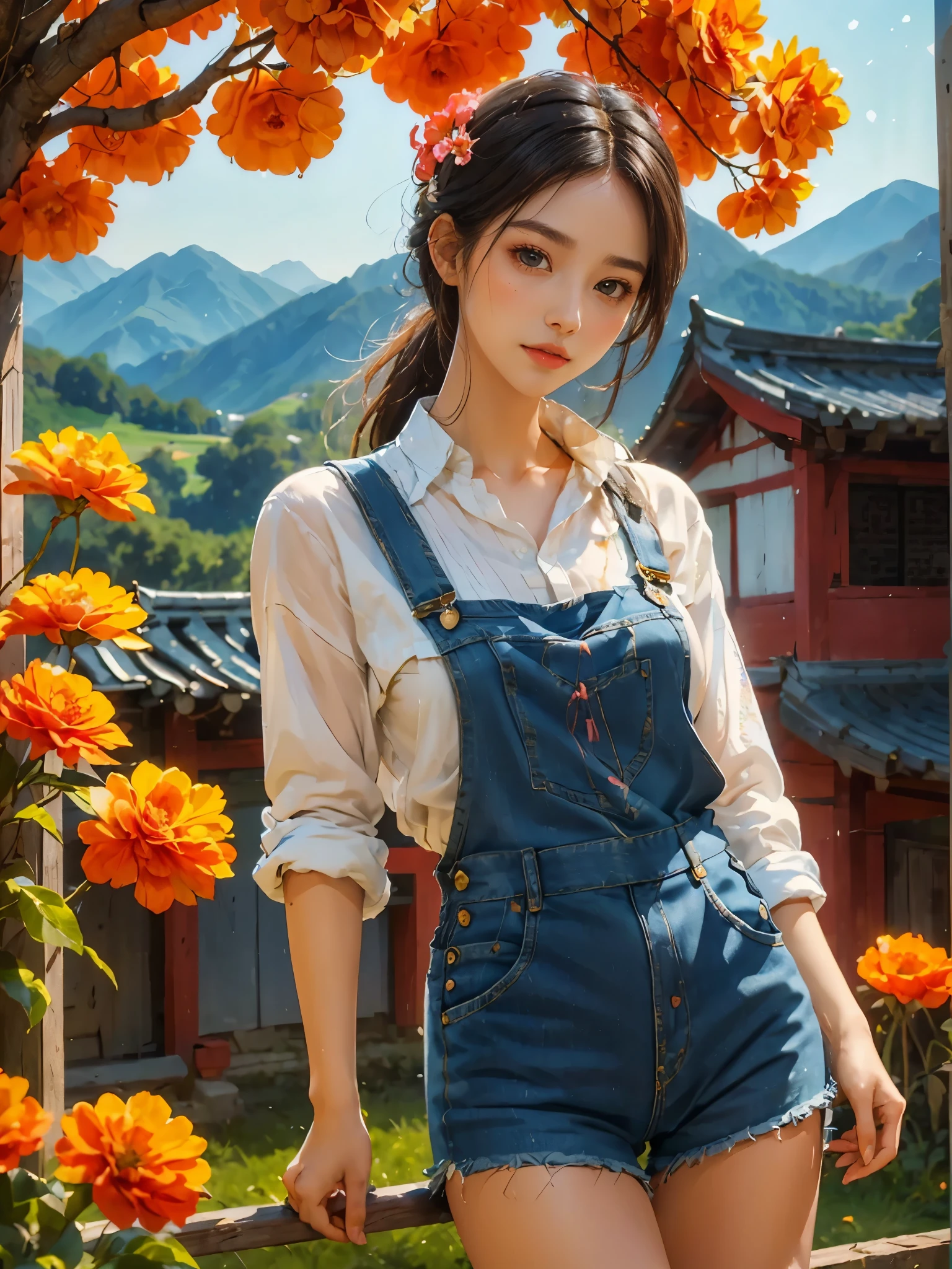 Imaginative thoughts on your dream girlfriend、Warm depiction，Envisioned as a dream lover and lifelong partner。She embodies the simplicity of Chinese rural girls、Industrious，Integrated with wisdom、Beautiful and hard-working character。This artistic depiction shows her in a rural setting，Exuding sweetness、Romantic atmosphere。((She wears simple denim overalls and a white shirt))，Reflecting her humble origins and down-to-earth character。Her facial features are gentle and beautiful，The expression is kind、Tempting。The background is a picturesque rural landscape，Rolling hills、Fields and traditional country houses，Adds a sweet rustic romantic charm。The overall style blends realism and idealized rural beauty，embodies the dreamlike、The Essence of a Cute Country Girl, (floral watercolor painting:1.5)，(Super high saturation, bright and vivid colors:1.5), (nsfw), (Look at the audience head-on:1.5)