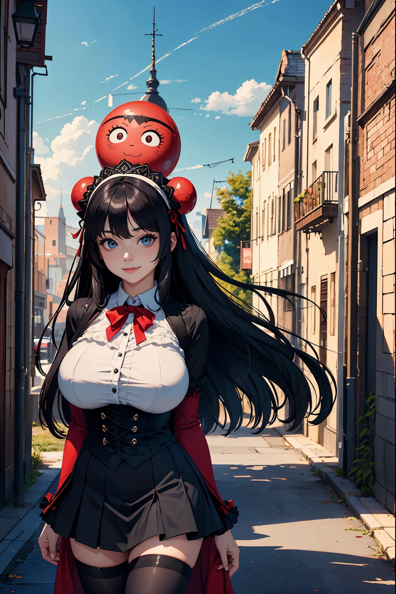 (masterpiece:1.4)、(highest quality:1.4)、ultra high resolution、beautiful features、20 year old woman、black straight long hair、headdress、wizard lolita fashion、black tights、(huge breasts:1.1)、red face、smile、Stand against the wall、arms behind body
