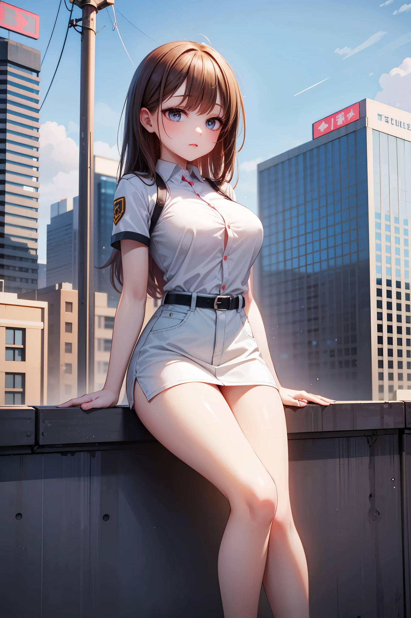 ((masterpiece, best quality, ultra-detailed, very fine 8KCG wallpapers)), 1girl, solo, medium breasts, cop, down town, cop costume, nice hands, perfect hands,