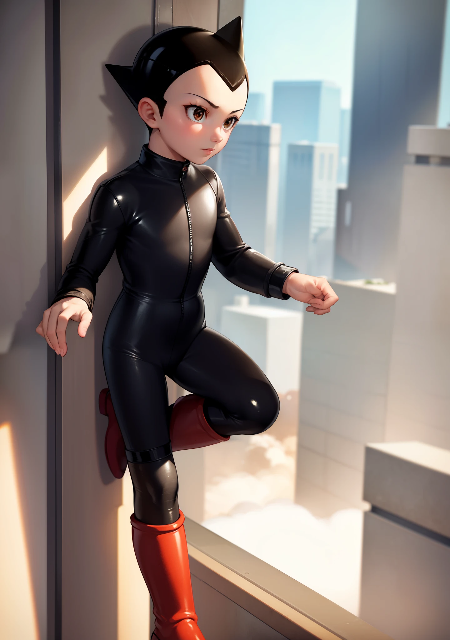 ((best quality)), ((masterpiece)), (detailed), safe, solo, 1boy, perfect face, full body image of Astro Boy, looking out the window at metro city, brown eyes, wearing a shiny black catsuit and red boots