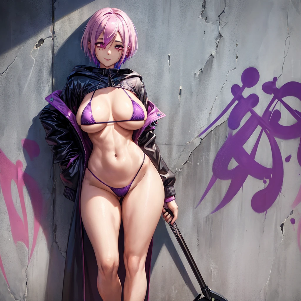 a girl in full body, standing against the wall, with a provocative smile, her hair color is ((pink with purple highlights)), her body is sensual and provocative, you can see her ((marked nipples)), she is wearing a ((micro bikini)) fitted to her purple body. with a small logo of a skull, her eyes are pink, short hair, pupils with a heart inside, behind her you can see a ((graffiti)) on the wall that says ((grim reaper for gaming)) masterpiece, ((big chest)), ((big butt)), in an ultra detailed suggestive pose, ultra detailed face, 8k, ultra quality sexy, big breasts,ahehalf