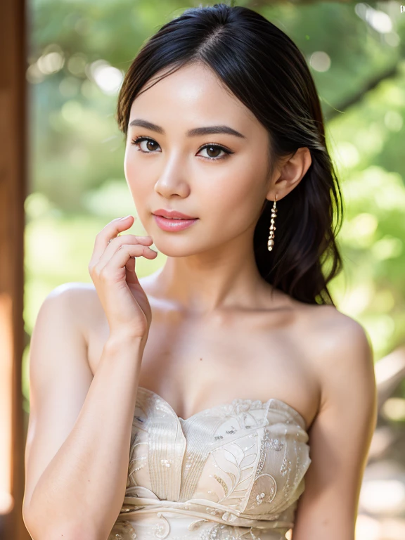 Nikon Z 85mm, ((highest quality)) ((masterpiece)), intricate details, sharp focus, professional, photorealistic, surrealistic, photorealism, fine detail, top quality, highly detailed CG Unity 32k wallpaper, perfect artwork, shiny hair, glowing eyes, shiny skin, realistic, perfect female figure, constricted waist, Very delicate and beautiful, best quality, beautiful detailed girl, staring at the viewer, smile: 1.4, beautiful fine eyes, face lights, see-through, long white wedding dress, wedding band, realistic expression of face, intricate details, makeup, perfect proportions (detailed beautiful delicate face, detailed beautiful delicate eyes, face) perfect proportions, detailed skin, detailed skin, standing figure, Highest ratio 4 fingers and 1 thumb, chapel: 1.4, small and firm breast