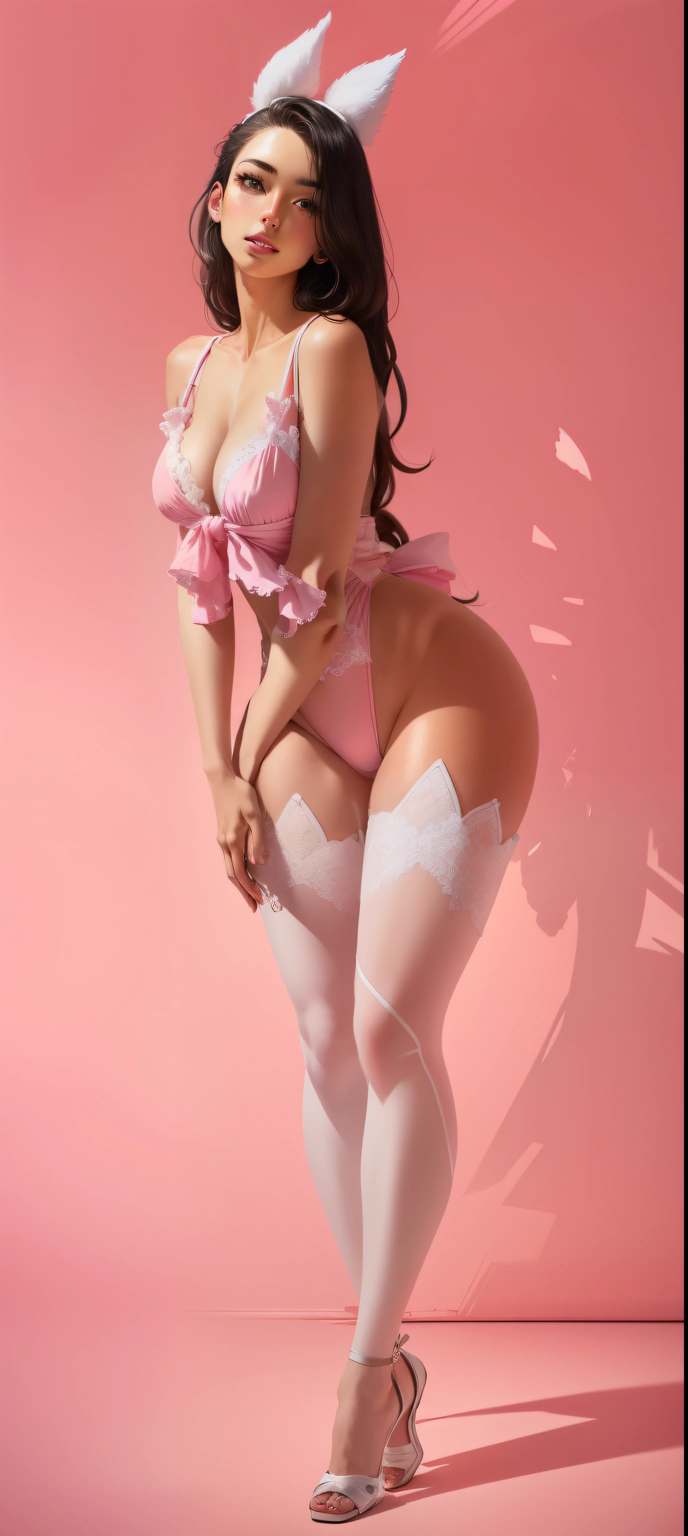 Araffe in pink lingerie posing for a photo., anime barbie in medias blancas, fijar body, longitud completa y medias blancas, fijar, fijar pose, curvy little loli, blanco y rosa, medias blancas, Cuerpo perfecto fotorrealista, curvas y arco, algo de rosa, CGsociety de cuerpo completo, render fotorrealista de chica anime, high resolution commission, fijar art