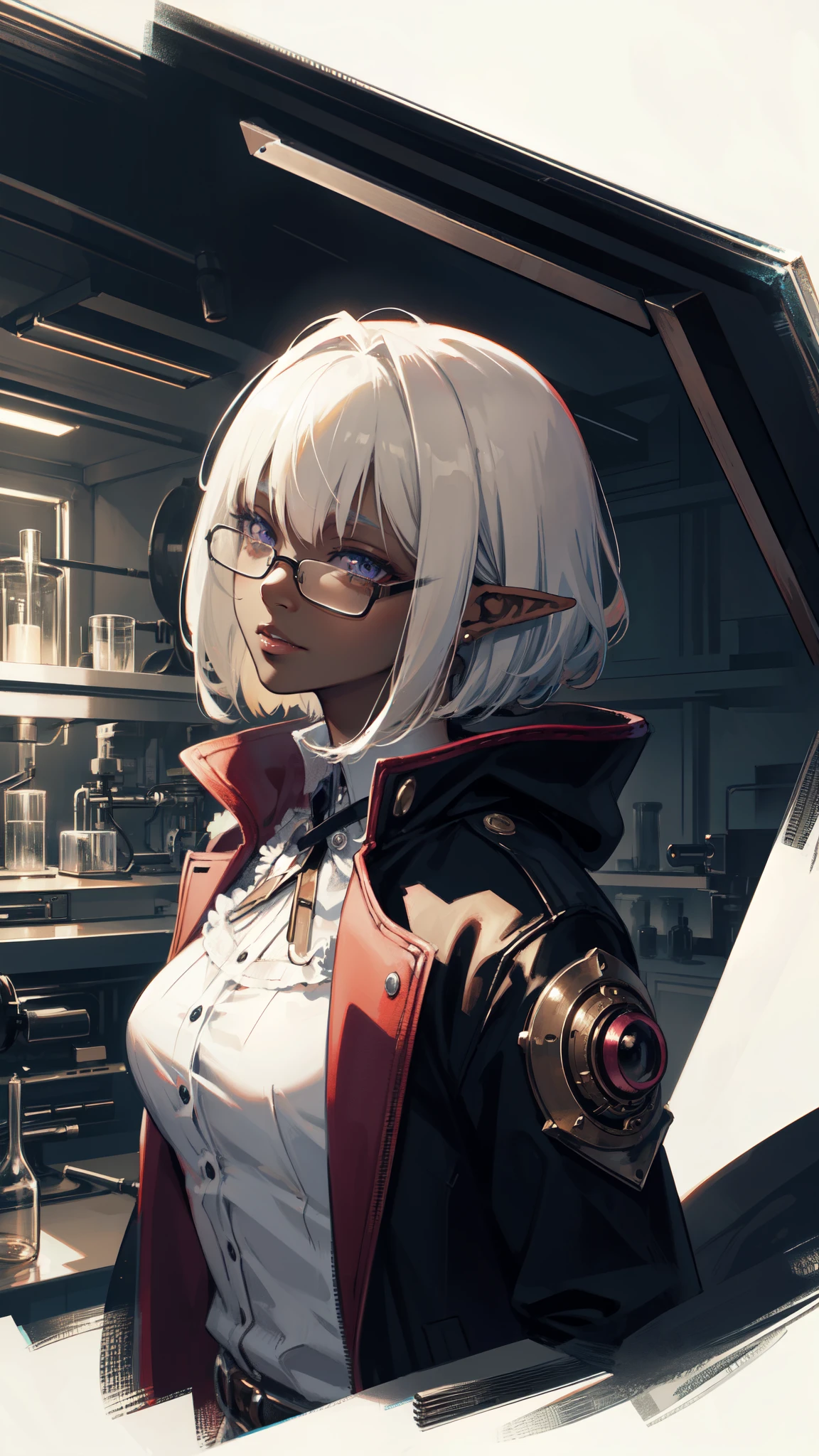 ((masterpiece )), (top quality), (best quality), ((ultra-detailed, 8k quality)), Aesthetics, Cinematic lighting, (detailed line art), Beautiful digital artwork, Exquisite digital illustration, absurdres, (best composition),
BREAK,
a female dark elf who is a scientist, (scientist clothes:1.2), (jacket lab, Coat:1.2), glasses, (steampunk style:1.1), (in a lab), (background of scientific laboratory), SteamPunkAI, CogPunkAI, cell shading, cinematic dramatic atmosphere, high quality cell shaded illustration in Fantasy steampunk style by Yoji Shinkawa, detailed and intricate environment, artstation, concept art, fluid and sharp focus, dynamic angle, by ((Mikimoto Haruhiko)),
BREAK,
highly detailed of (dark elf), (1girl), perfect face, details eye, Bob cut hair, Blunt bangs, (hair between eye), blonde white hair, violet eyes, eyelashes, eyeshadow, pink eyeshadow, smile, design art by Mikimoto Haruhiko, by Kawacy, By Yoshitaka Amano,
BREAK,
((perfect anatomy)), nice body, medium breast, (extremely detailed finger), best hands, perfect face, beautiful face, beautiful eyes, perfect eyes, (perfect fingers), correct anatomy, (Dark skin:1.2)