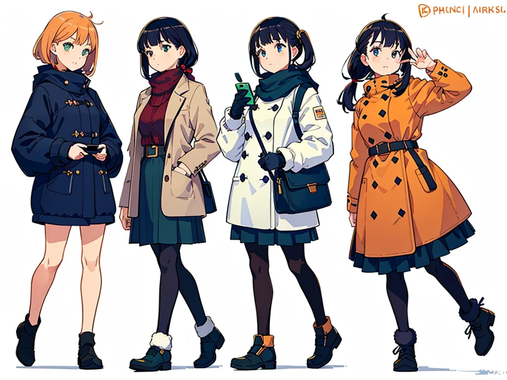 (((Best Quality))) , ((full body)), female, multiple views, white background, variety of hairstyles, variety of fashion styles, holding bag, winter outfits, walk pose, holding smart phone, looking at another, dark blue/dark orange/dark green/dark violet/brown/white,
