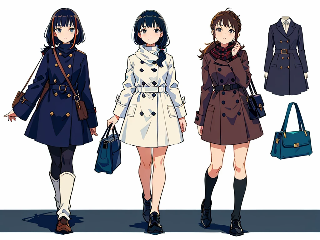 (((Best Quality))) , ((full body)), female, multiple views, white background, variety of hairstyles, variety of fashion styles, holding bag, winter outfits, walk pose, holding smart phone, looking at another, dark blue/dark orange/dark green/dark violet/brown/white,