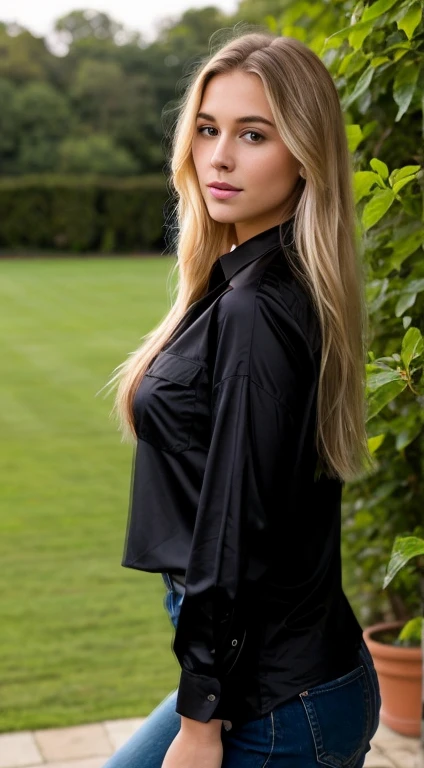 23歳のblonde女性, ((big breasts)), ((hyper realism)) ,. Blonde hair with light brown roots. blonde, hair with brown roots, extra long hair, very long hair, Really long hair, beautiful, Front view, Self snap, Photos taken with iPhone, elegant black shirt with escort, low cut, Self snap in the garden, high quality, Self snap iPhone, cleavage