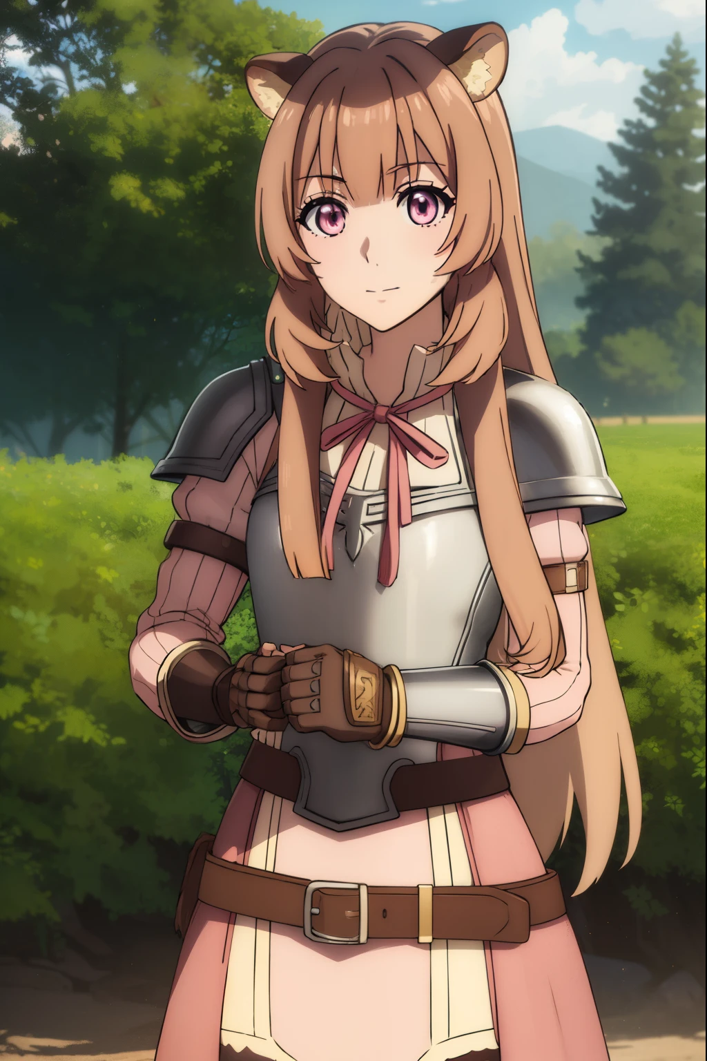 raphtalia, raphtalia, long hair, bangs, brown hair, animal ears, raccoon ears, raccoon tail, raccoon girl, (pink eyes:1.3), smile
BREAK long sleeves, sweater, ribbed sweater, shoulder armor, breastplate, ribbon, red ribbon, gauntlets, glove, brown gloves, belt, skirt, armor,
BREAK outdoors, forest, nature, sun, sky, trees, clouds, grass,
BREAK looking at viewer, (cowboy shot:1.5),
BREAK (masterpiece:1.2), best quality, high resolution, unity 8k wallpaper, (illustration:0.8), (beautiful detailed eyes:1.6), extremely detailed face, perfect lighting, extremely detailed CG, (perfect hands, perfect anatomy),