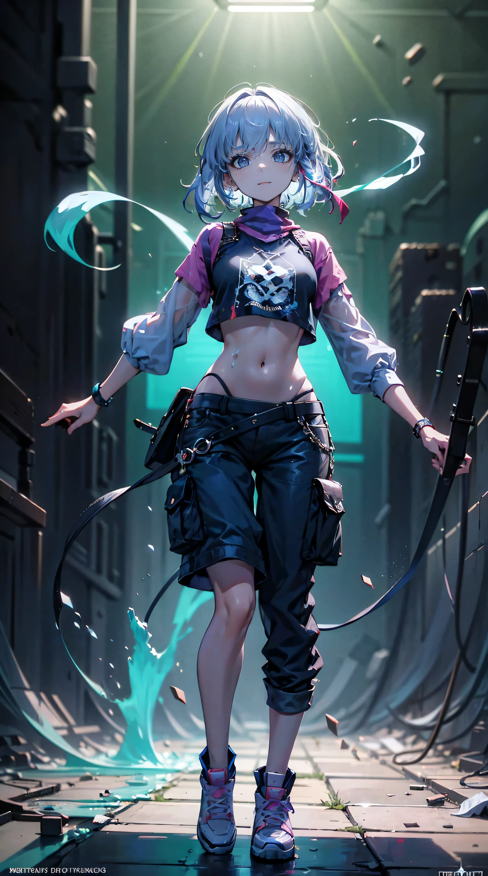 swpunk style synthwaveaward winning half body portrait of a woman in a croptop and cargo pants with ombre navy blue teal hairstyle with head in motion and hair flying, paint splashes, splatter, outrun, vaporware, shaded flat illustration, digital art, trending on artstation, highly detailed, fine detail, intricate