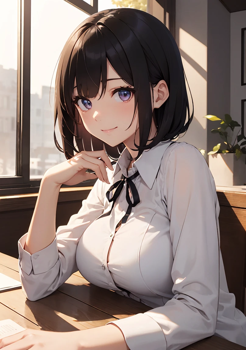 masterpiece, absurdres, best quality, ultra detailed, high Resolution, detailed illustration, extremely beautiful detailed face and eyes, bright colour, 1girl, (loli), cute face, Delicate beautiful face, magenta eyes, cute eyes, sparkling eyes, big eyes, medium breasts, (perky breasts:1.1), (pointy breasts:1.1), medium hips, glamorous body, white skin, Smile, BREAK, long bob cut, (blonde hair:0.8), messy hair, detailed hair, shiny hair, BREAK office casual, tiny ribbon, at cafe, looking out window, siting, coffee on table, real world, natural lights, perfect lighting,