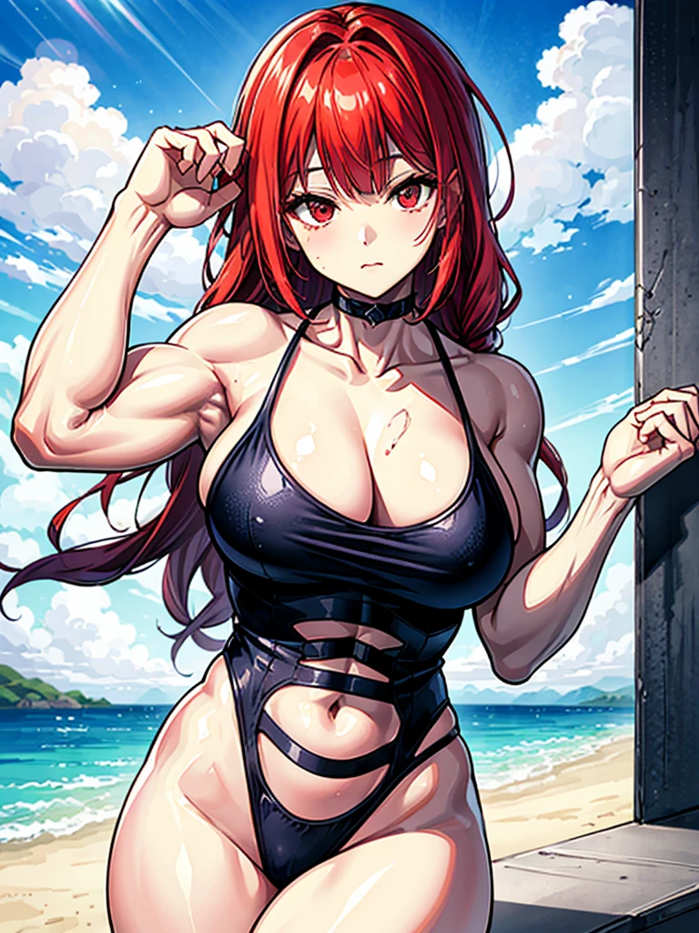 （（（masterpiece、Highest image quality、highest quality、highly detailed unity 8ｋwallpaper）））、（（Illustration of one girl））、（（（beautiful girl）））、（（red hair、Braid、sidelocks：1.2、red eyes））、（（（stocky build：1.2, thickset physique：1.3, muscular legs, broad shoulders：1.3, solid chest：1.2）））、swimsuit、sandy beach