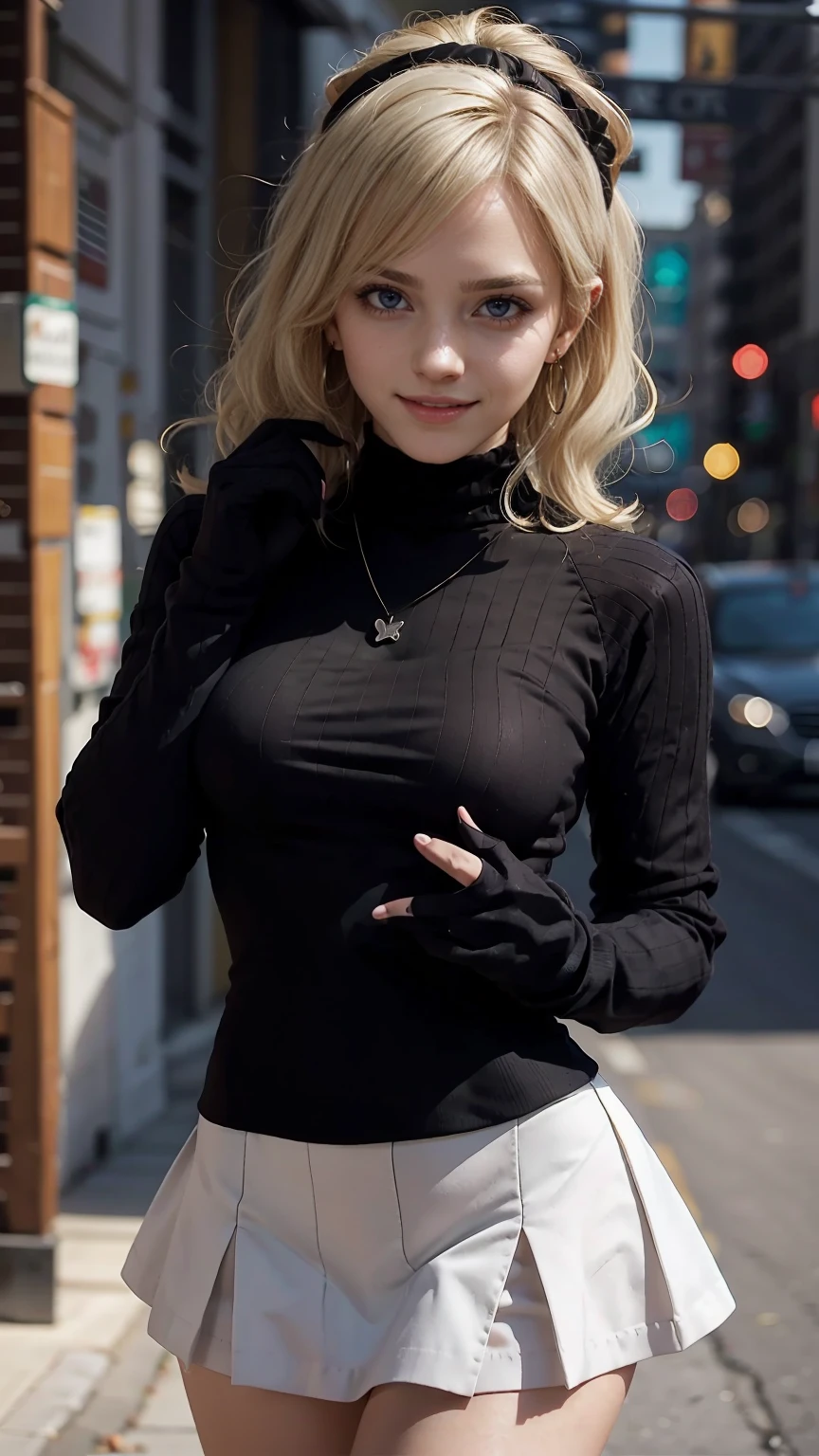 22 year old white female、hair color is blonde、blue eyes、long hair、The ends of the hair are wavy、Her hair is cut into a bob with fringe.、accessories on wrist、wearing a necklace、has earrings、skin is smooth、ruddy、Slender but muscular body、smile、high resolution、My heart is pounding、I'm wearing a mini-length pleated skirt、I'm punching my chest、erotic look、wearing a high neck sweater dress、Wearing a hairband、I'm wearing lace gloves