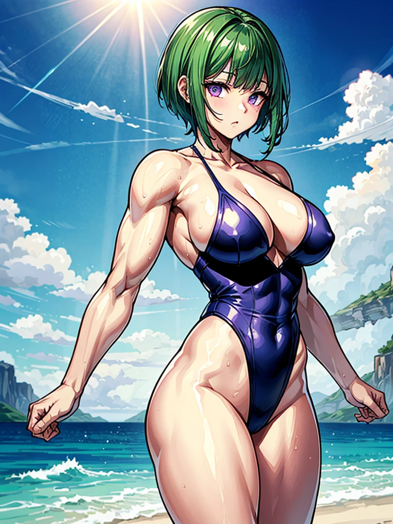 (((masterpiece、Highest image quality、highest quality、highly detailed unity 8kwallpaper)))、((Illustration of one girl))、(((beautiful girl)))、((green hair、pixie cut:1.3、sidelocks、purple eyes))、(stocky build, thickset physique, muscular legs, broad shoulders:1.2, solid chest:1.3)、swimsuit、sandy beach