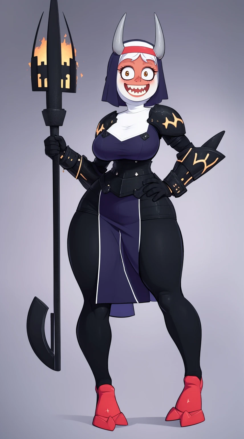 nun, demon girl, walking, , warpriesstes, silver hair, short hair, sacred gauntlets, long ski, cute smile, pure smile, love smile,,veillong skirt, pantyhose, staff holding, armor, gloves, standing, full body,sharpteeth,standing, full body, happy, joyfull