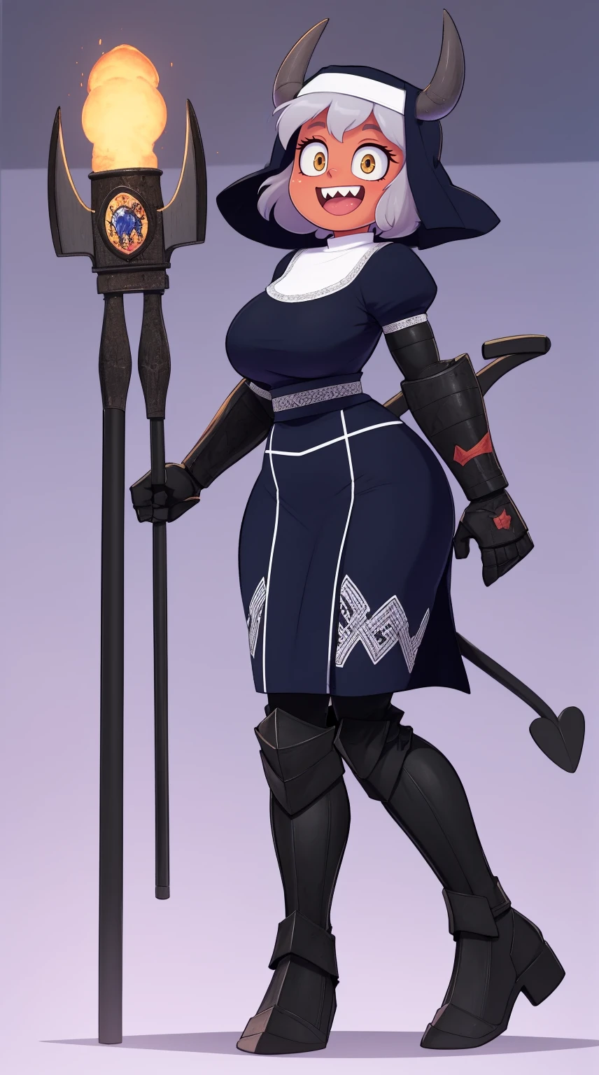 nun, demon girl, walking, , warpriesstes, silver hair, short hair, sacred gauntlets, long ski, cute smile, pure smile, love smile,,veillong skirt, pantyhose, staff holding, armor, gloves, standing, full body,sharpteeth,standing, full body, happy, joyfull
