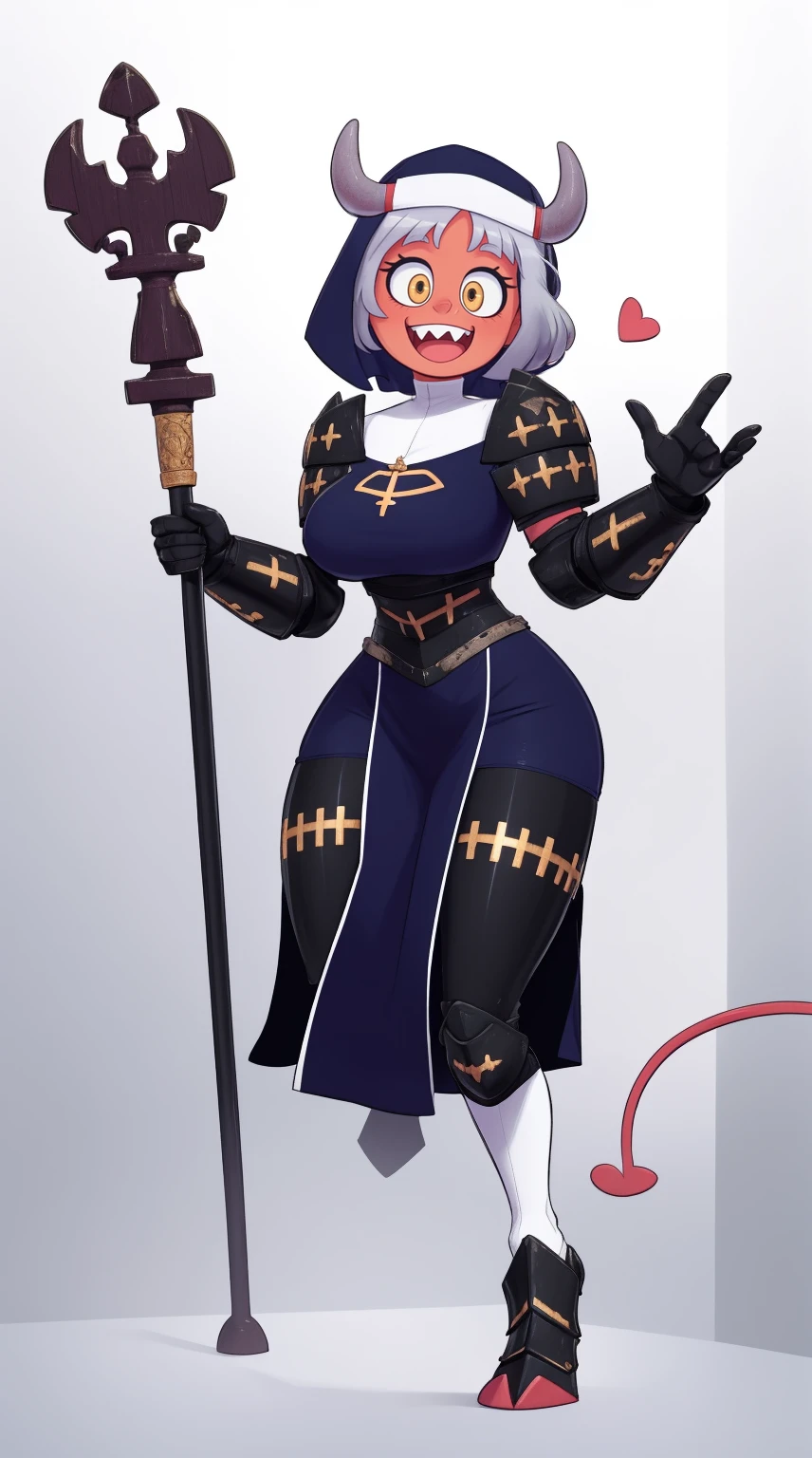 nun, demon girl, walking, , warpriesstes, silver hair, short hair, sacred gauntlets, long ski, cute smile, pure smile, love smile,,veillong skirt, pantyhose, staff holding, armor, gloves, standing, full body,sharpteeth,standing, full body, happy, joyfull
