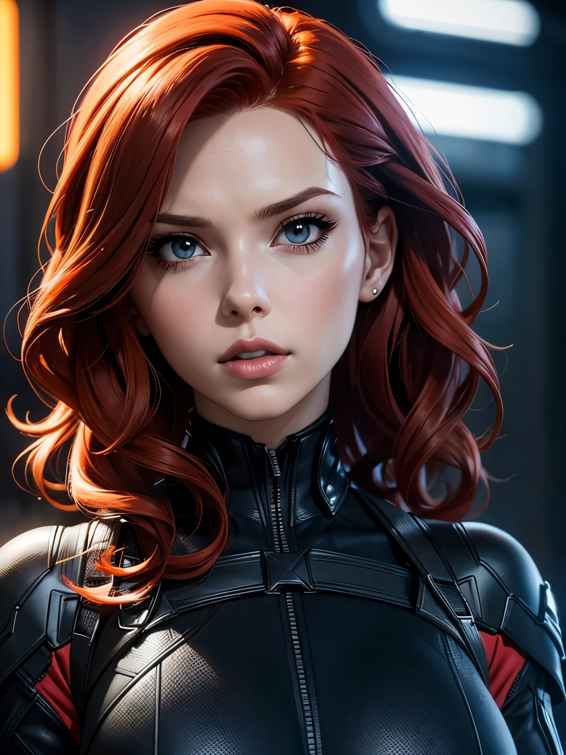 (best quality), (close-up), (headshot), beautiful close shot of Black widow from marvel comics (wavy red hair), (Bright Bule eyes), wearing tight black body suit, HDR, 4k, UHD, 3D