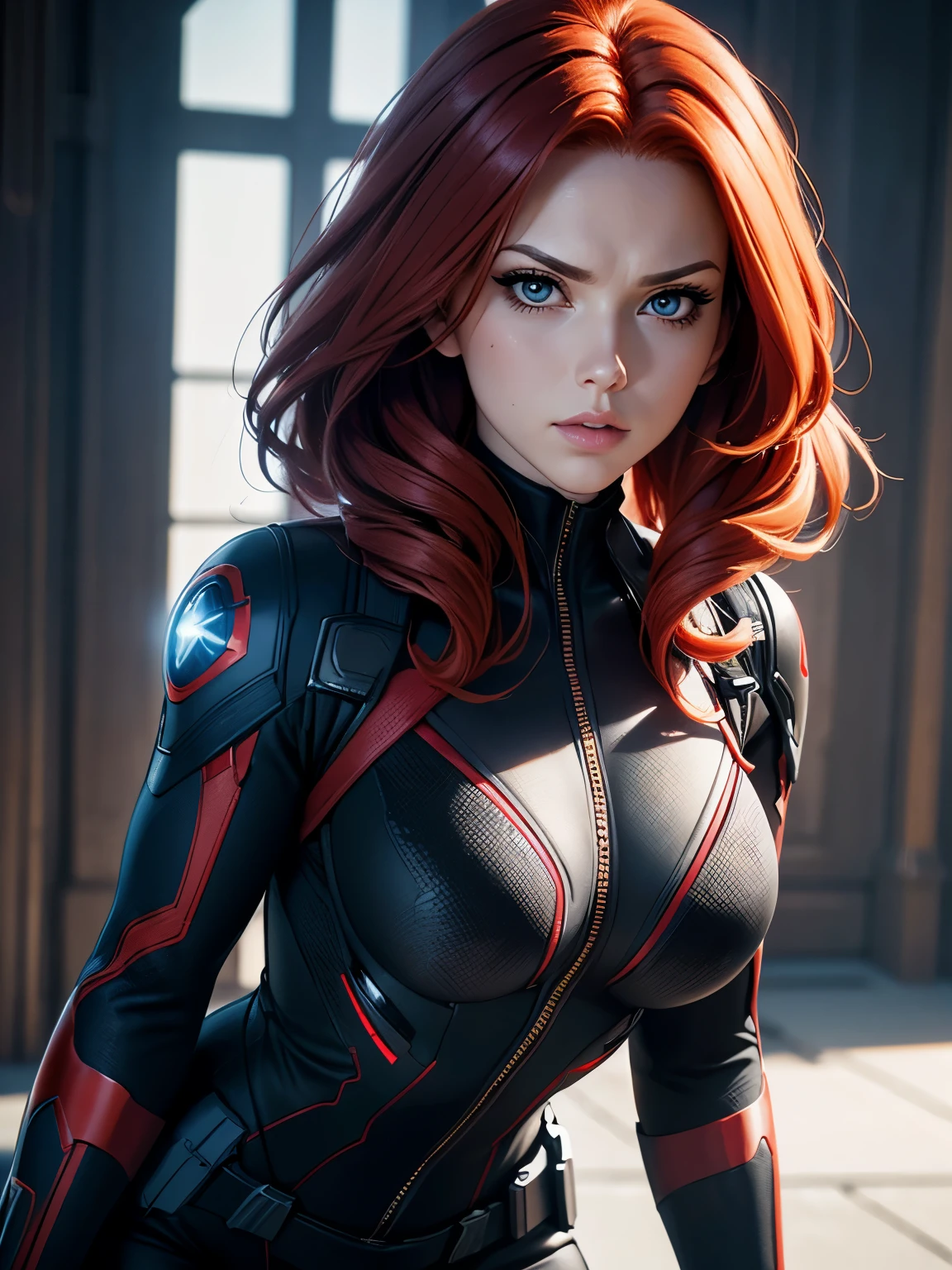 (best quality), (close-up), (headshot), beautiful close shot of Black widow from marvel comics (wavy red hair), (Bright Bule eyes), wearing tight black body suit, HDR, 4k, UHD, 3D