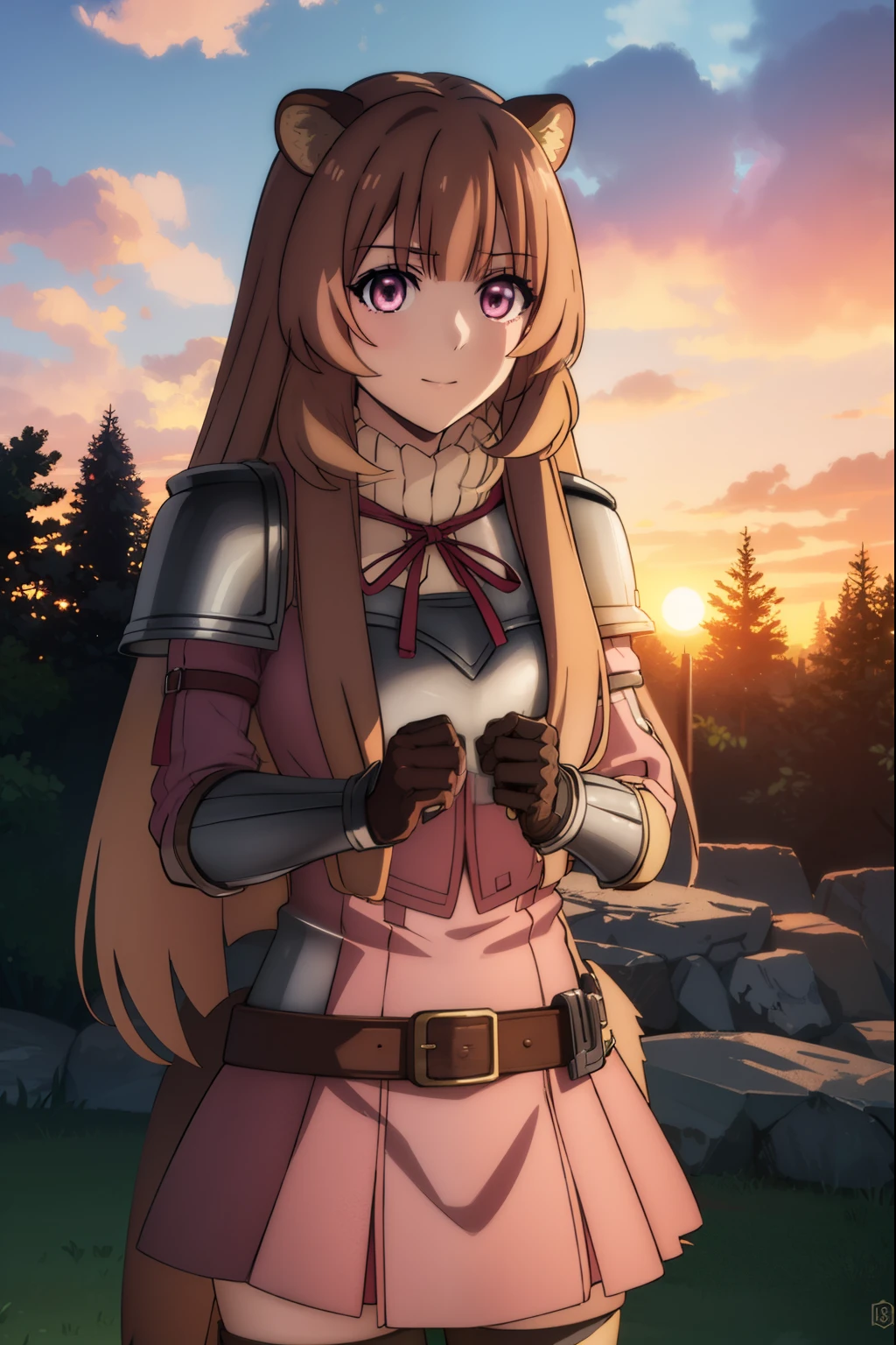 raphtalia, raphtalia, long hair, bangs, brown hair, animal ears, raccoon ears, raccoon tail, raccoon girl, (pink eyes:1.3), smile
BREAK long sleeves, sweater, ribbed sweater, shoulder armor, breastplate, ribbon, red ribbon, gauntlets, glove, brown gloves, belt, skirt, armor,
BREAK outdoors, forest, nature, sun, sky, trees, clouds, grass,
BREAK looking at viewer, (cowboy shot:1.5),
BREAK (masterpiece:1.2), best quality, high resolution, unity 8k wallpaper, (illustration:0.8), (beautiful detailed eyes:1.6), extremely detailed face, perfect lighting, extremely detailed CG, (perfect hands, perfect anatomy),