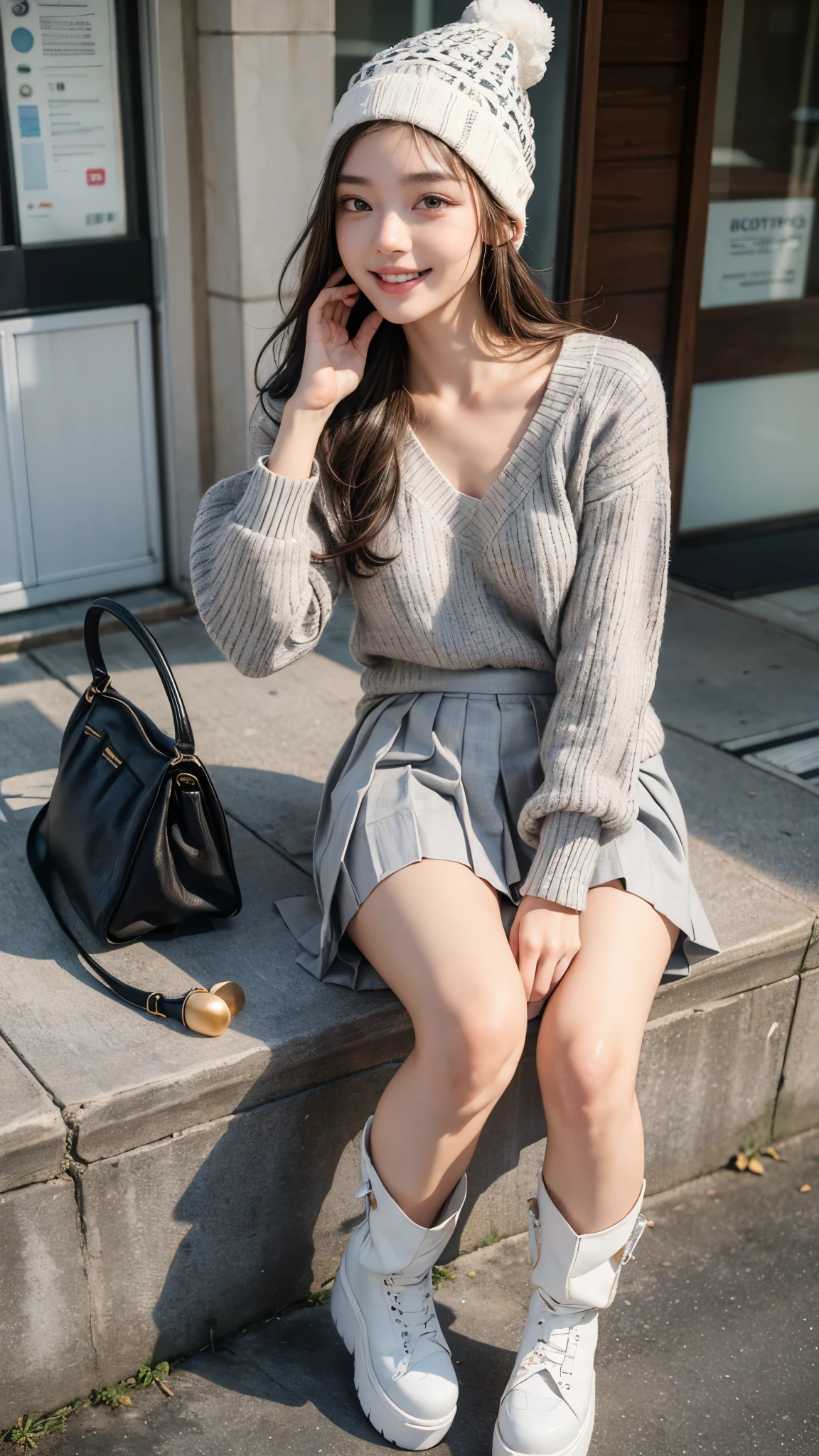 highest quality, masterpiece, ultra high resolution, (realistic:1.4), (close portrait) Raw photo, 1 girl, 22 years old, (((A-line check pleated skirt))),(((Gray sweater))),(((white knit hat))), ((platform boots)),masterpiece, realistic pictures, japanese pictures, fuji negative film, saturation, contrast, Pocari Sweat Advertisement ((small breasts)),((smiling showing teeth)),Semi-long chignon hair,brown hair,