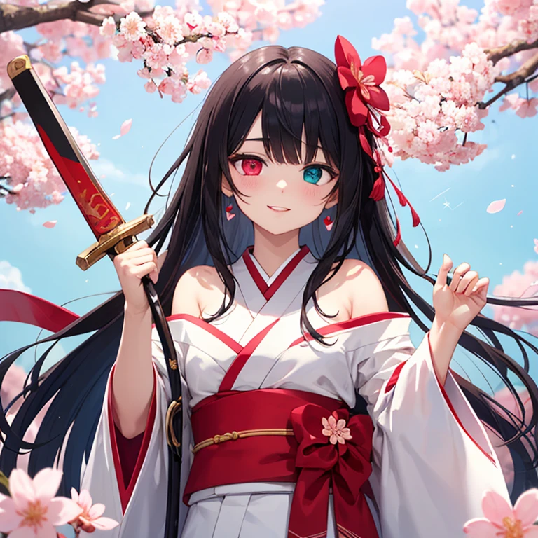 Himecut, Black long hair, Red ribbon sprained on both sides, Holding a big pink long sword, big eyes, perfect face, 20-year-old woman, White kimono with exposed shoulders and red straps, cherry blossom background, small waist, heterochromia eyes, smiley face, big bust , Big stature, Small face, big eyes, sparkling heart eyes, Mature appearance, White Clouds