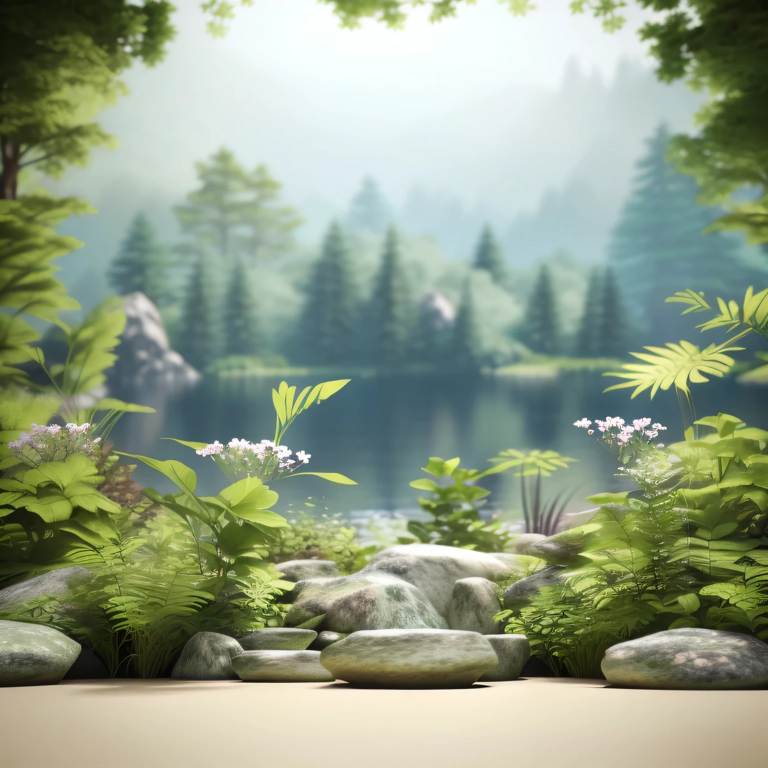 There are many plants and rocks in the center of the garden, Magic forest background, soft forest background, Magic forest background, lake in forest, nature backdrop, Beautiful landscape rendering, Stylize for 3D rendering, floral environment, fantasy arkham background, Natural and realistic rendering, forest with lake, In a picturesque forest diorama, beautiful 3d render