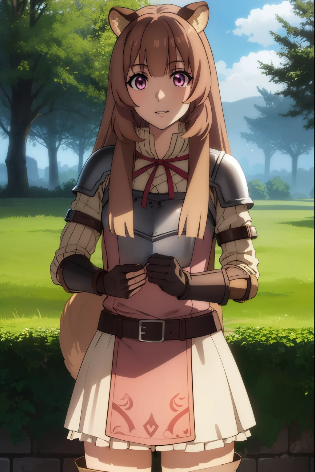 raphtalia, raphtalia, long hair, bangs, brown hair, animal ears, raccoon ears, raccoon tail, raccoon girl, (pink eyes:1.3), smile
BREAK long sleeves, sweater, ribbed sweater, shoulder armor, breastplate, ribbon, red ribbon, gauntlets, glove, brown gloves, belt, skirt, armor,
BREAK outdoors, forest, nature, sun, sky, trees, clouds, grass,
BREAK looking at viewer, (cowboy shot:1.5),
BREAK (masterpiece:1.2), best quality, high resolution, unity 8k wallpaper, (illustration:0.8), (beautiful detailed eyes:1.6), extremely detailed face, perfect lighting, extremely detailed CG, (perfect hands, perfect anatomy),