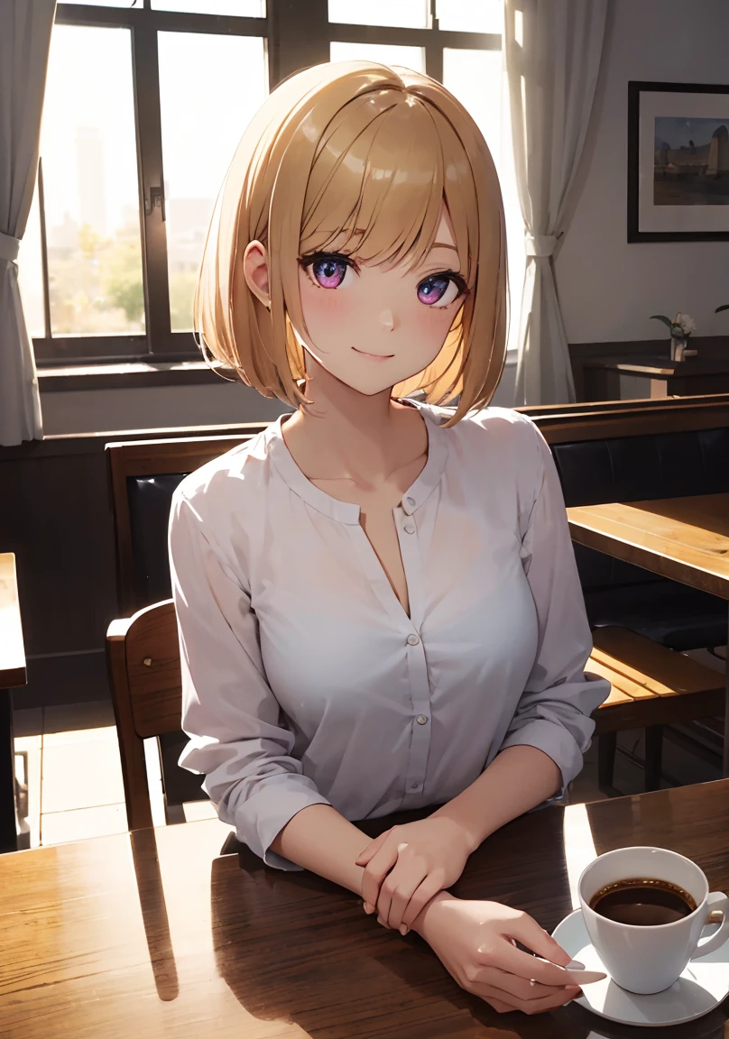 masterpiece, absurdres, best quality, ultra detailed, high Resolution, detailed illustration, extremely beautiful detailed face and eyes, bright colour, 1girl, (li), cute face, Delicate beautiful face, magenta eyes, cute eyes, sparkling eyes, big eyes, medium breasts, (perky breasts:1.1), (pointy breasts:1.1), medium hips, glamorous body, white skin, Smile, BREAK, long bob cut, (blonde hair:0.8), messy hair, detailed hair, shiny hair, BREAK office casual, tiny ribbon, at cafe, looking out window, siting, coffee on the table, real world, natural lights, perfect lighting,