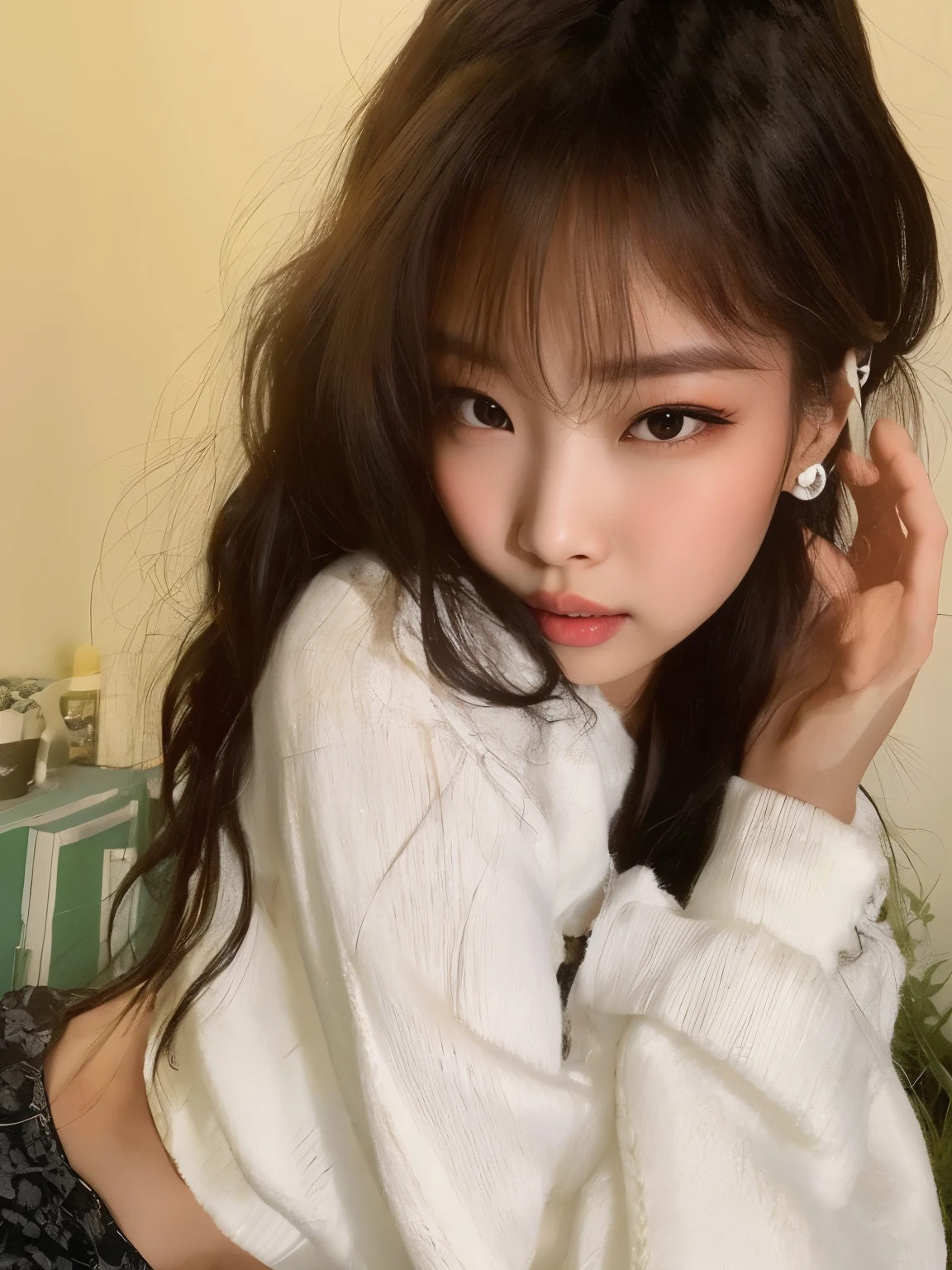 Arafed Asian woman with long hair and a white shirt, ulzzang, Lalisa Manobal, bae suzy, Jinyoung Shin, flequillo rizado y cola de caballo, heonhwa choe, hermosa joven coreana, hermosa mujer surcoreana, muchacha coreana, hermosa joven coreana, flequillo esponjoso, jennie rosa negro, con flequillo, lee ji-eun, Jennie from Blackpink, Jennie from Blackpink face