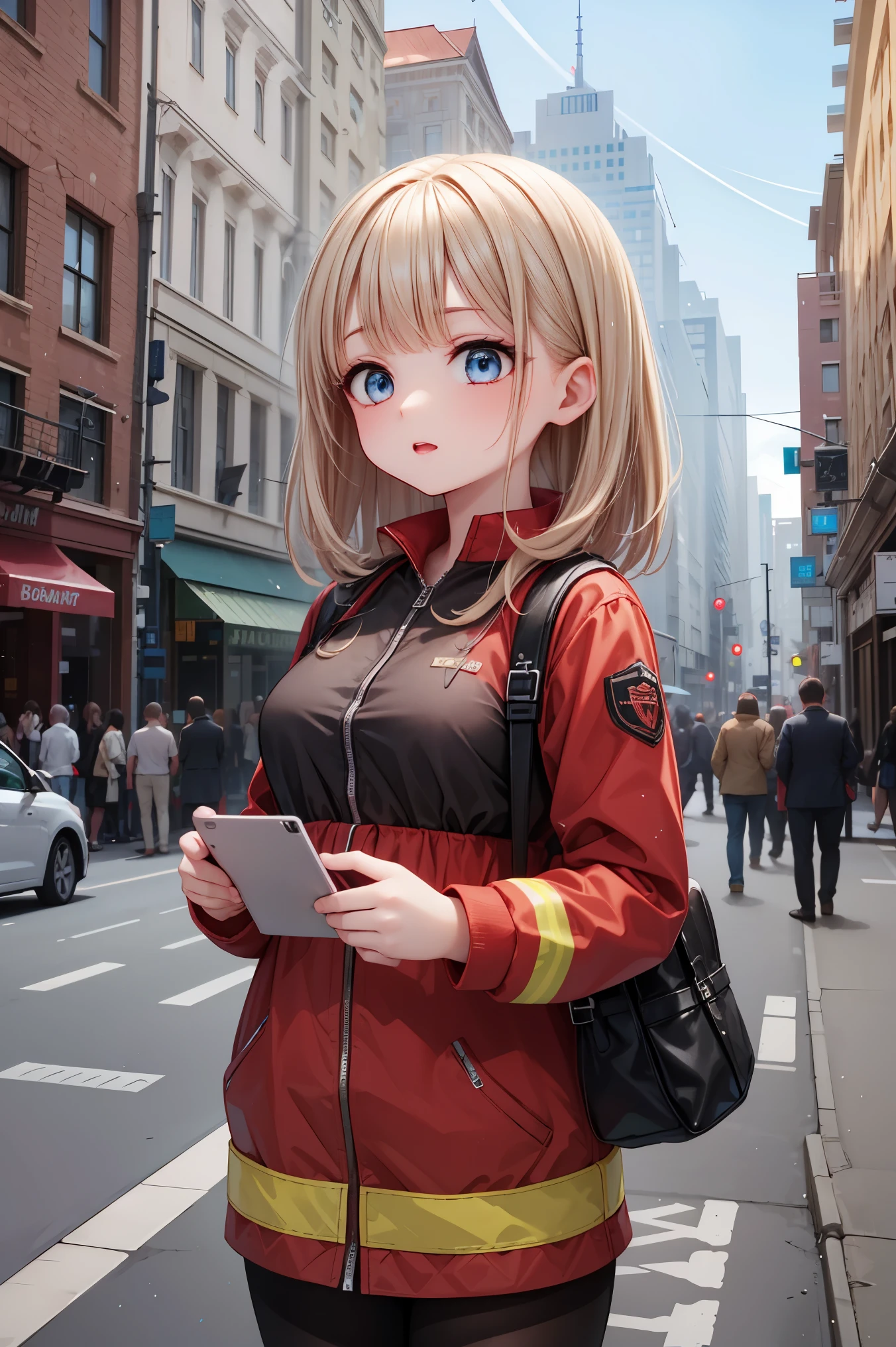 ((masterpiece, best quality, ultra-detailed, very fine 8KCG wallpapers)), 1girl, solo, medium breasts, firefighter, down town, firefighter costume, nice hands, perfect hands,