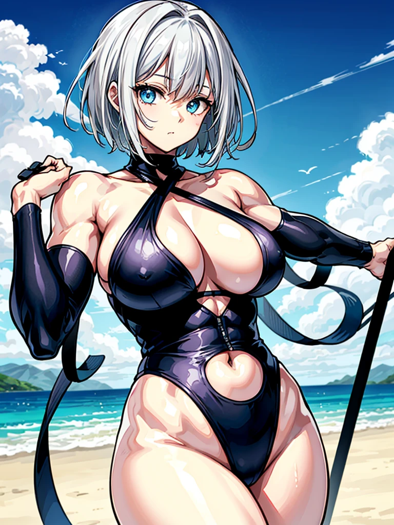 （（（masterpiece、Highest image quality、highest quality、highly detailed unity 8ｋwallpaper）））、（（Illustration of one girl））、（（（beautiful girl）））、（（white hair、short hair、crew cut：1.2、light blue eyes））、（（（stocky build, thickset physique, muscular legs, broad shoulders, solid chest：1.3）））、swimsuit、sandy beach