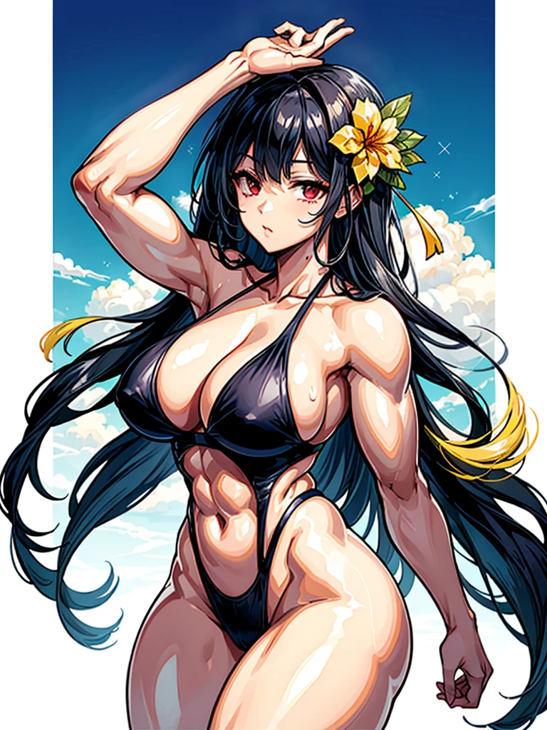 (((masterpiece、Highest image quality、highest quality、highly detailed unity 8kwallpaper)))、((Illustration of one girl))、(((beautiful girl)))、((black hair:1.3、straight hair、Very Longhair、golden hair ornament、red eyes))、(tall:1.3、stocky build:1.3, thickset physique, muscular legs, broad shoulders, solid chest)、swimsuit、sandy beach