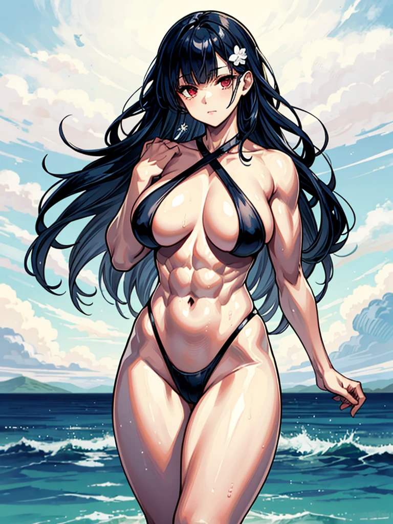 (((masterpiece、Highest image quality、highest quality、highly detailed unity 8kwallpaper)))、((Illustration of one girl))、(((beautiful girl)))、((black hair:1.3、straight hair、Very Longhair、golden hair ornament、red eyes))、(tall:1.3、stocky build:1.3, thickset physique, muscular legs, broad shoulders, solid chest)、swimsuit、sandy beach