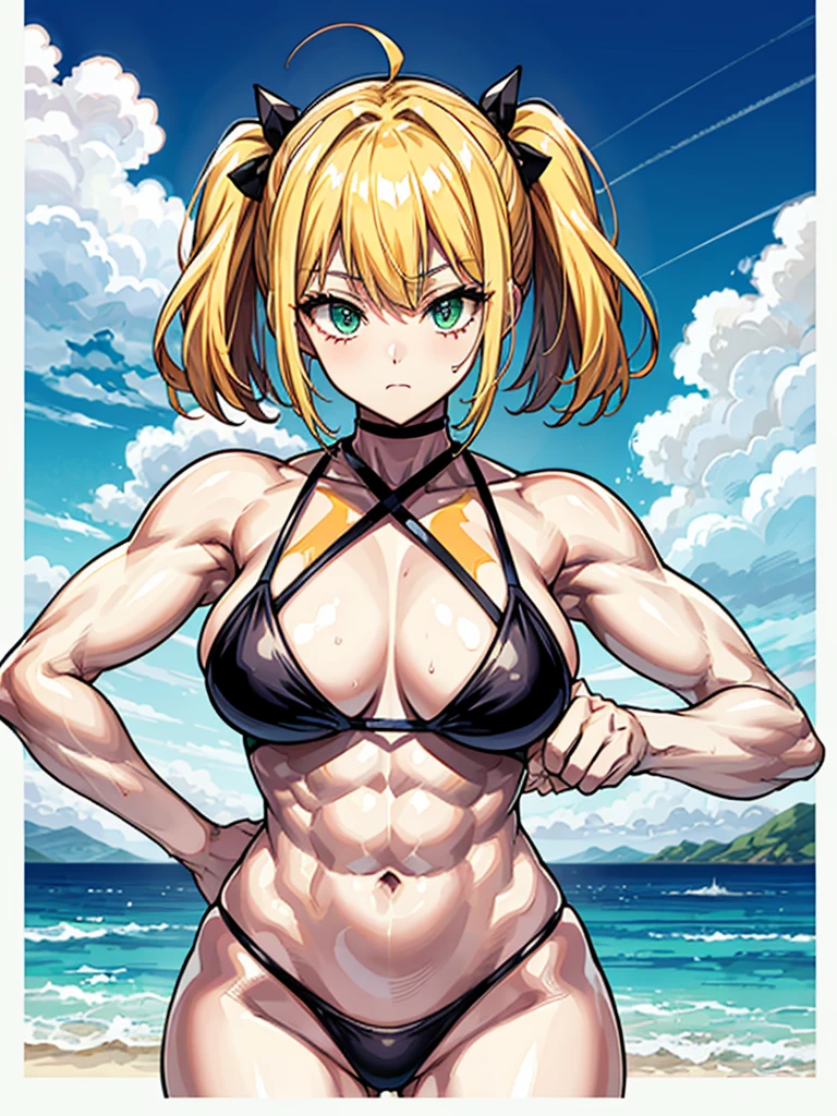 (((masterpiece、Highest image quality、highest quality、highly detailed unity 8kwallpaper)))、((Illustration of one girl))、(((beautiful girl、cool)))、((blonde、pixie cut:1.2、two side up、sidelocks、green eyes))、(((tall:1.3、stocky build:1.2, thickset physique:1.3, muscular legs, broad shoulders:1.2, solid chest)))、swimsuit、sandy beach