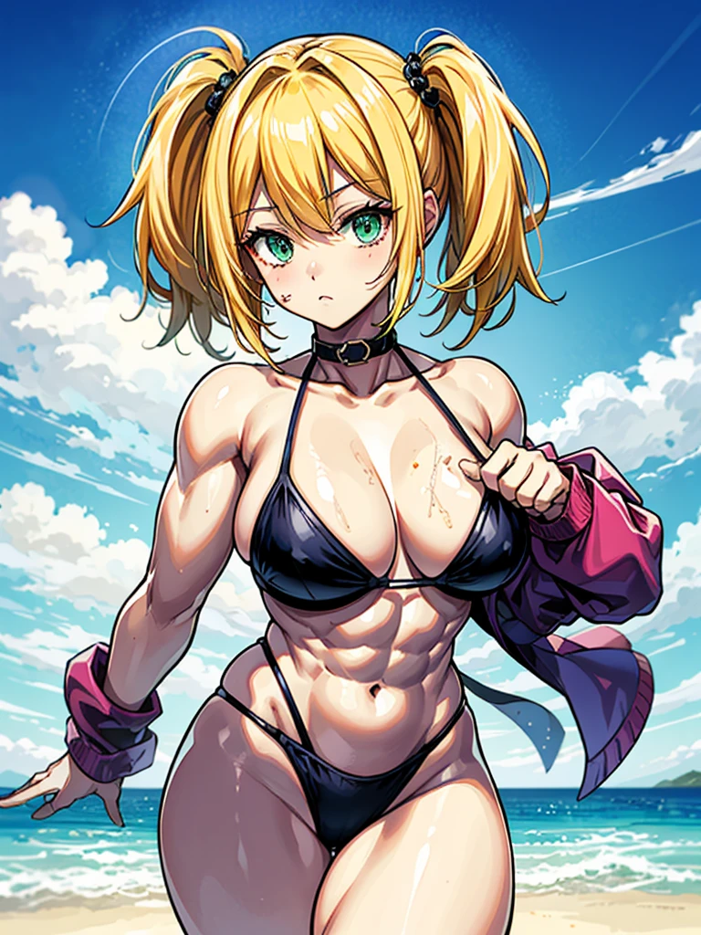 (((masterpiece、Highest image quality、highest quality、highly detailed unity 8kwallpaper)))、((Illustration of one girl))、(((beautiful girl、cool)))、((blonde、pixie cut:1.2、two side up、sidelocks、green eyes))、(((tall:1.3、stocky build:1.2, thickset physique:1.3, muscular legs, broad shoulders:1.2, solid chest)))、swimsuit、sandy beach