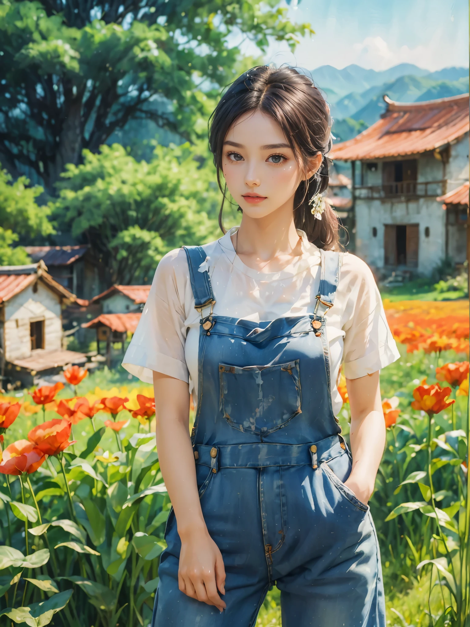 Imaginative thoughts on your dream girlfriend、Warm depiction,Envisioned as a dream lover and lifelong partner。She embodies the simplicity of Chinese rural girls、Industrious,Integrated with wisdom、Beautiful and hard-working character。This artistic depiction shows her in a rural setting,Exuding sweetness、Romantic atmosphere。((She wears simple denim overalls and a white shirt)),Reflecting her humble origins and down-to-earth character。Her facial features are gentle and beautiful,The expression is kind、Tempting。The background is a picturesque rural landscape,Rolling hills、Fields and traditional country houses,Adds a sweet rustic romantic charm。The overall style blends realism and idealized rural beauty,embodies the dreamlike、The Essence of a Cute Country Girl, (floral watercolor painting:1.5),(Super high saturation, bright and vivid colors:1.5), (nsfw), (Look at the audience head-on:1.5)