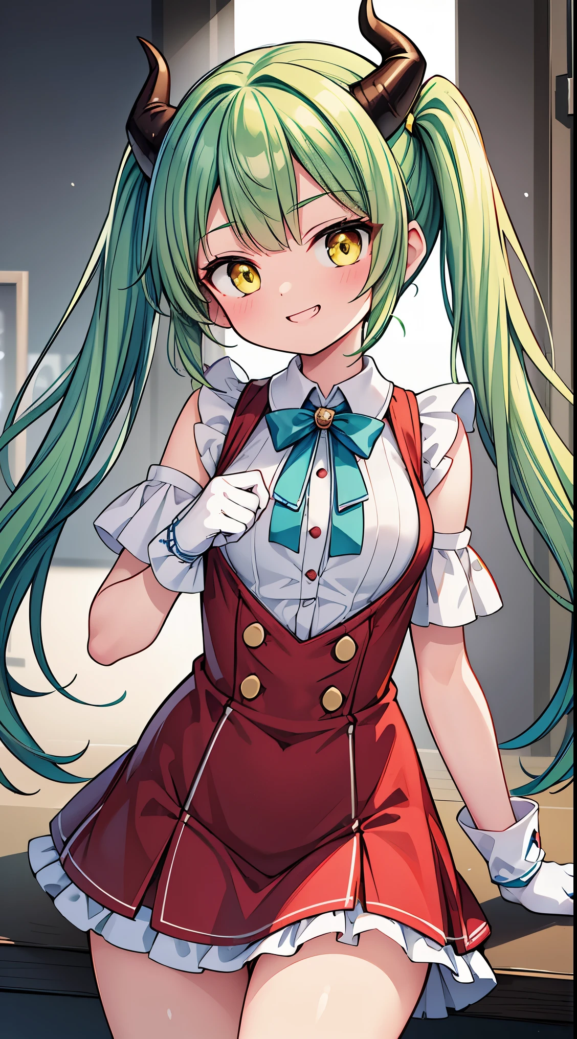 ultra-detailed, high resolution,(incredibly absurdness) ,extremely detailed CG unity 8k wallpaper, ((masterpiece)), ((top-quality)),
BREAK, 1 beautiful girl, ( girl),alone,(cute:1.5),(Little:0.6),(cute:1.5),(change:0.5),break, :d, (twin tails, green hair, horn, long hair:1.35), (yellow eyes, double, slanted eyes:1.45), blush, double teeth, ((D cup breasts))), heart, sight, maid, /maid dragon/, dragon tail, (long eyelashes, double eyelids, thin eyebrows:1.2), alone, glowing skin, beautiful skin, beautiful skin, (highest quality face), (highest quality slanted eyes), maid outfit, gloves, open your mouth, short sleeve, smile, white gloves,(The best smile,smug face:1.45),
BREAK,
luxury red dress, slit, sleeveless,
BREAK,
beautiful detailed face and eyes, smile, blond hair, long hair, straight hair, blue eyes,
BREAK,
stage, (luxury sports car:1.5), standing in front of car, spotlight,
BREAK,wakame,wakame,wakame,(Cowboy Shot:1.4),
BREAK,(Blurry background:1.3),(absurderes, hight resolution, Super Detail Art),cel shading,Clear Color, Lonely optical effect, Beautiful pictures, Bright glow, mystic atmosphere,(Close-up of girl:1.1), Mystical light particle effect,manga influence, clean line drawings,