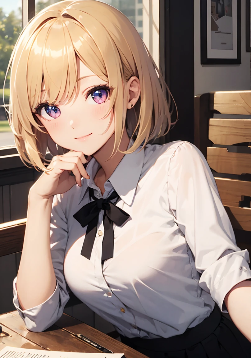 masterpiece, absurdres, best quality, ultra detailed, high Resolution, detailed illustration, extremely beautiful detailed face and eyes, bright colour, 1girl, (), cute face, Delicate beautiful face, magenta eyes, cute eyes, sparkling eyes, big eyes, medium breasts, (perky breasts:1.1), (pointy breasts:1.1), medium hips, glamorous body, white skin, Smile, BREAK, long bob cut, (blonde hair:0.8), messy hair, detailed hair, shiny hair, BREAK office casual, tiny ribbon, at cafe, looking out window, siting, coffee on the table, real world, natural lights, perfect lighting,