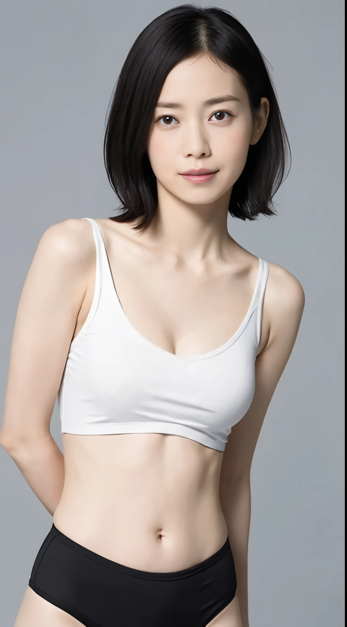 Japanese, Women of short stature, petite physique, Medium build, medium height, slightly plump, Short arms, single eyelid, long slit eyes, Ephemeral atmosphere, 30-year-old girl, black bob hair, ((thin lips)), white top and bottom underwear, muste piece, best quality, detailed skin, detailed eyes, ,8K, good anatomy, upper body portrait