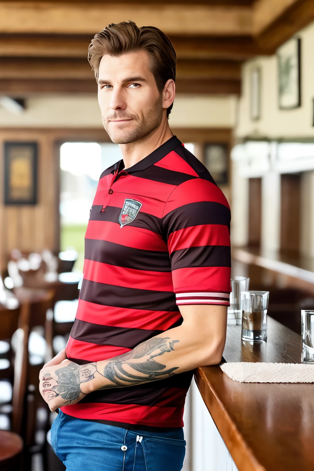 A white man, seemingly around 38 years of age, stands tall at approximately one meter and seventy. His short brown hair shows a slight receding hairline, while his protruding belly adds to his distinctive appearance. In the pub bar scene, he dons a black and red striped football team shirt, effortlessly showcasing his love for the sport. Notably, a beautifully inked rose tattoo embellishes his right arm, adding a touch of elegance to his rugged charm.