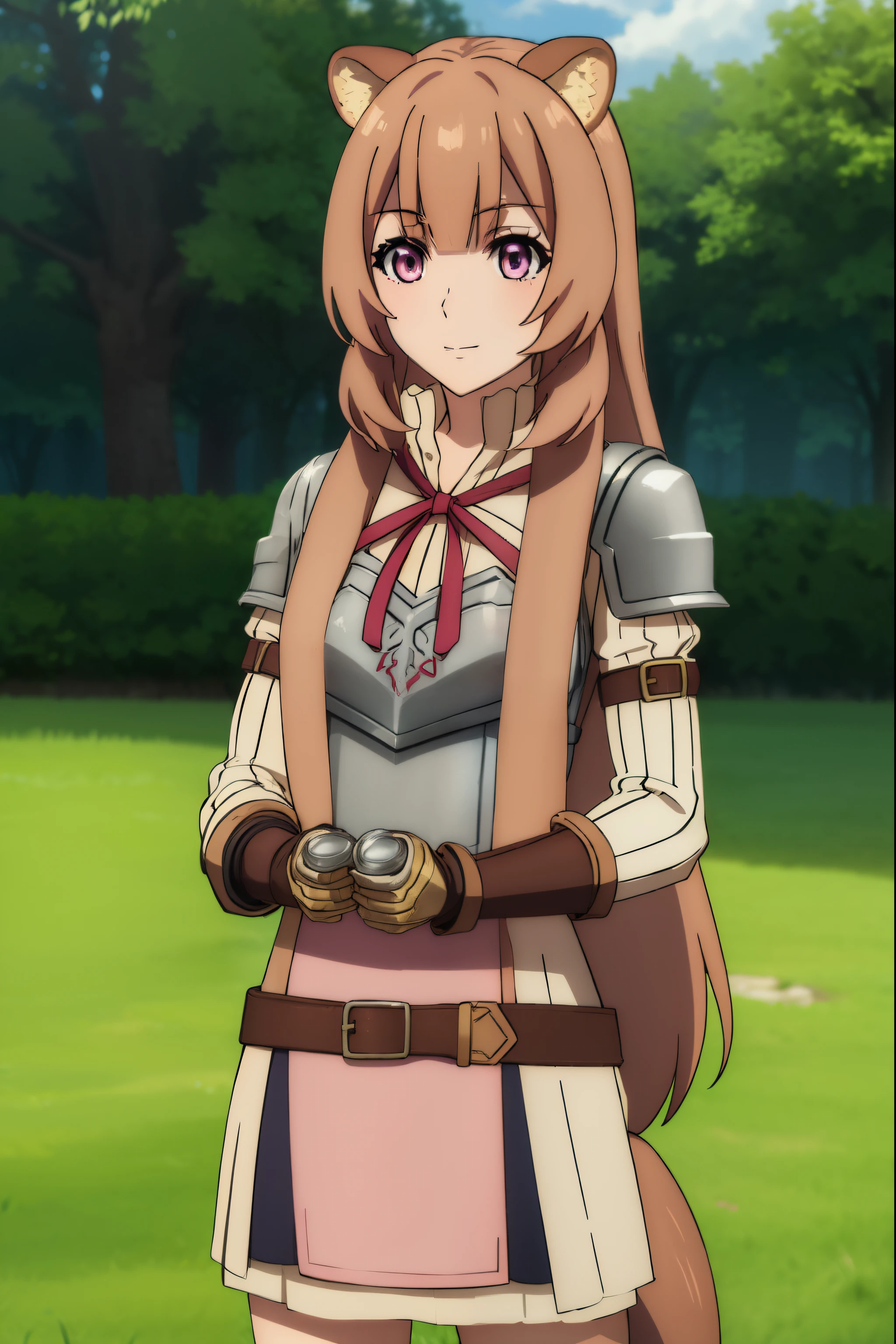 raphtalia, raphtalia, long hair, bangs, brown hair, animal ears, raccoon ears, raccoon tail, raccoon girl, (pink eyes:1.3), smile
BREAK long sleeves, sweater, ribbed sweater, shoulder armor, breastplate, ribbon, red ribbon, gauntlets, glove, brown gloves, belt, skirt, armor,
BREAK outdoors, forest, nature, sun, sky, trees, clouds, grass,
BREAK looking at viewer, (cowboy shot:1.5),
BREAK (masterpiece:1.2), best quality, high resolution, unity 8k wallpaper, (illustration:0.8), (beautiful detailed eyes:1.6), extremely detailed face, perfect lighting, extremely detailed CG, (perfect hands, perfect anatomy),
