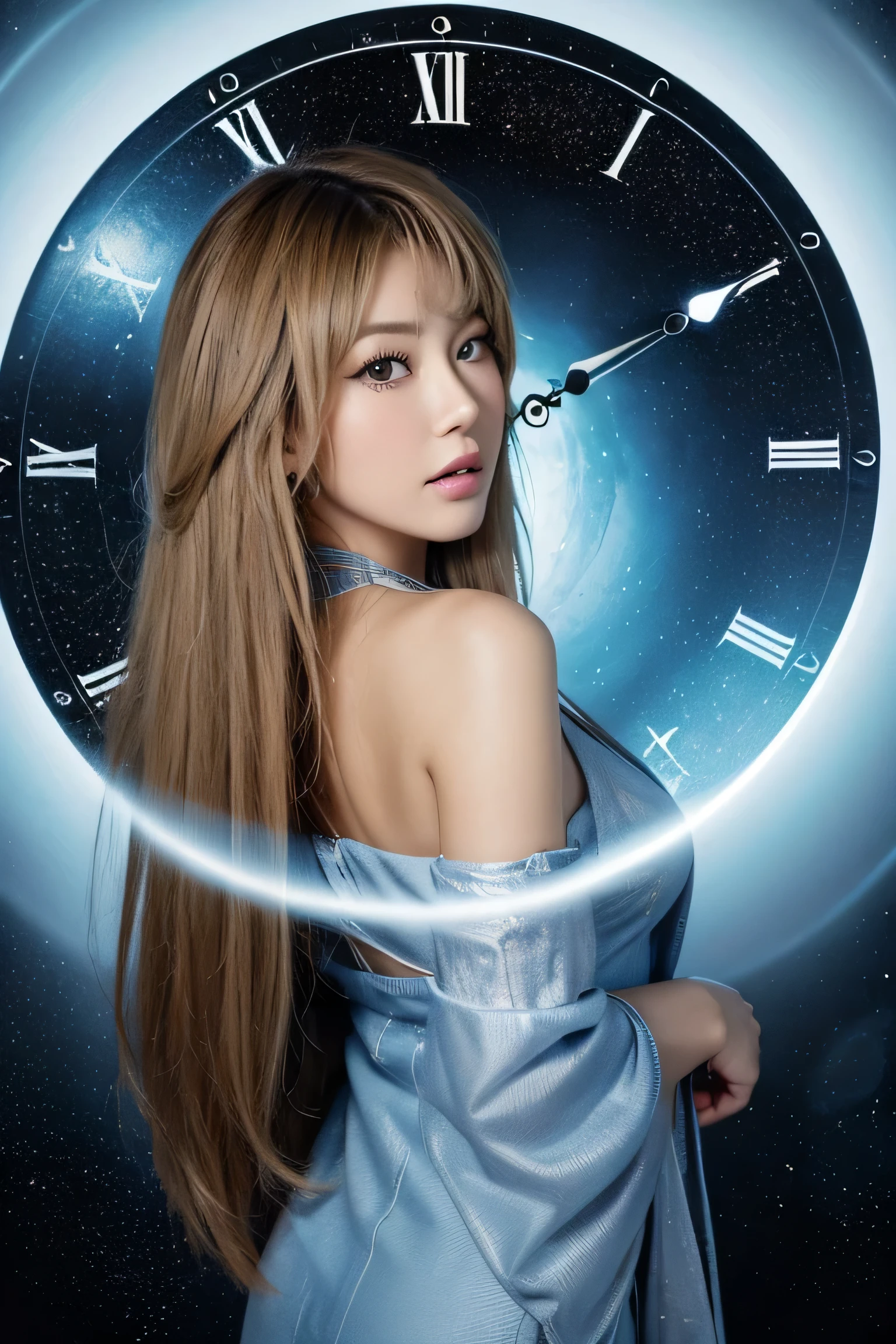 (masterpiece:1.2), Super detailed, ultra high resolution, (realistic, photo realistic:1.37), High-definition RAW color photos, professional photos, highly detailed face, very fine eyes, highly detailed skin, very fine fingers, highly detailed nose, highly detailed mouth, perfect anatomy, highly detailed background, (famous japanese actress:1.2), (Improve:1.35), (flat chest), brown race, black skin, fantasy, (panorama), (Huge circular flowing round glitter clock background), through the universe,(Transparent hollow round lame clock with a huge circular flow at the top), Perfect circular lamé clock, (circular surround floating cityscape landscape), space background, starry sky, Milky Way, cowboy shot,