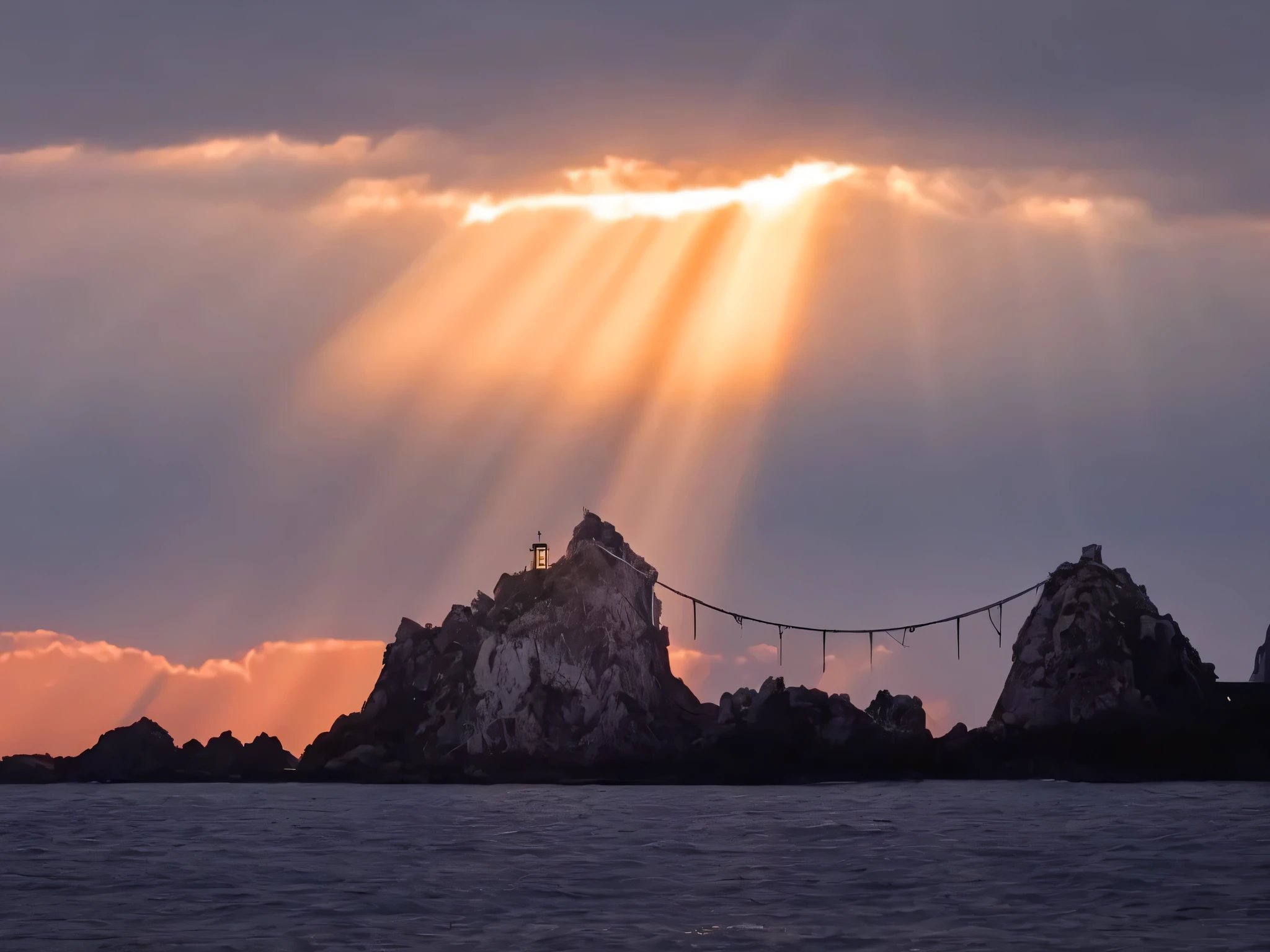View of a sea-crossing bridge，Behind is the sunset, Divine Light, incredible Light, twiLight ray, holy sacred Light rays, amazing Light, 美丽的Light, 日落时的阳Light, stunning Light, divine Light, some Light, some sunLight ray, 阳Light, Light comes from above, stunning Light coming through, Light