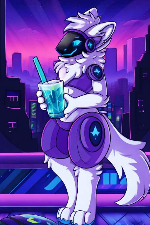 (best quality,4k,highres),protogen wearing casual clothing,white fur:1.1,blue eyes:1.1,girls,cityscape background,playful pose,cute expression,holding a refreshing drink,peace sign