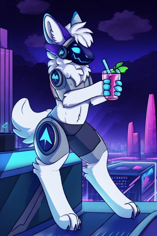 (best quality,4k,highres),protogen wearing casual clothing,white fur:1.1,blue eyes:1.1,girls,cityscape background,playful pose,cute expression,holding a refreshing drink,peace sign