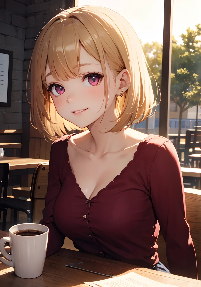 masterpiece, absurdres, best quality, ultra detailed, high Resolution, detailed illustration, extremely beautiful detailed face and eyes, bright colour, 1girl, (loli), cute face, Delicate beautiful face, magenta eyes, cute eyes, sparkling eyes, big eyes, medium breasts, (perky breasts:1.1), (pointy breasts:1.1), medium hips, glamorous body, white skin, Smile, BREAK, long bob cut, (blonde hair:0.8), messy hair, detailed hair, shiny hair, BREAK office casual, tiny ribbon, at cafe, looking out window, siting, coffee on the table, real world, natural lights, perfect lighting,