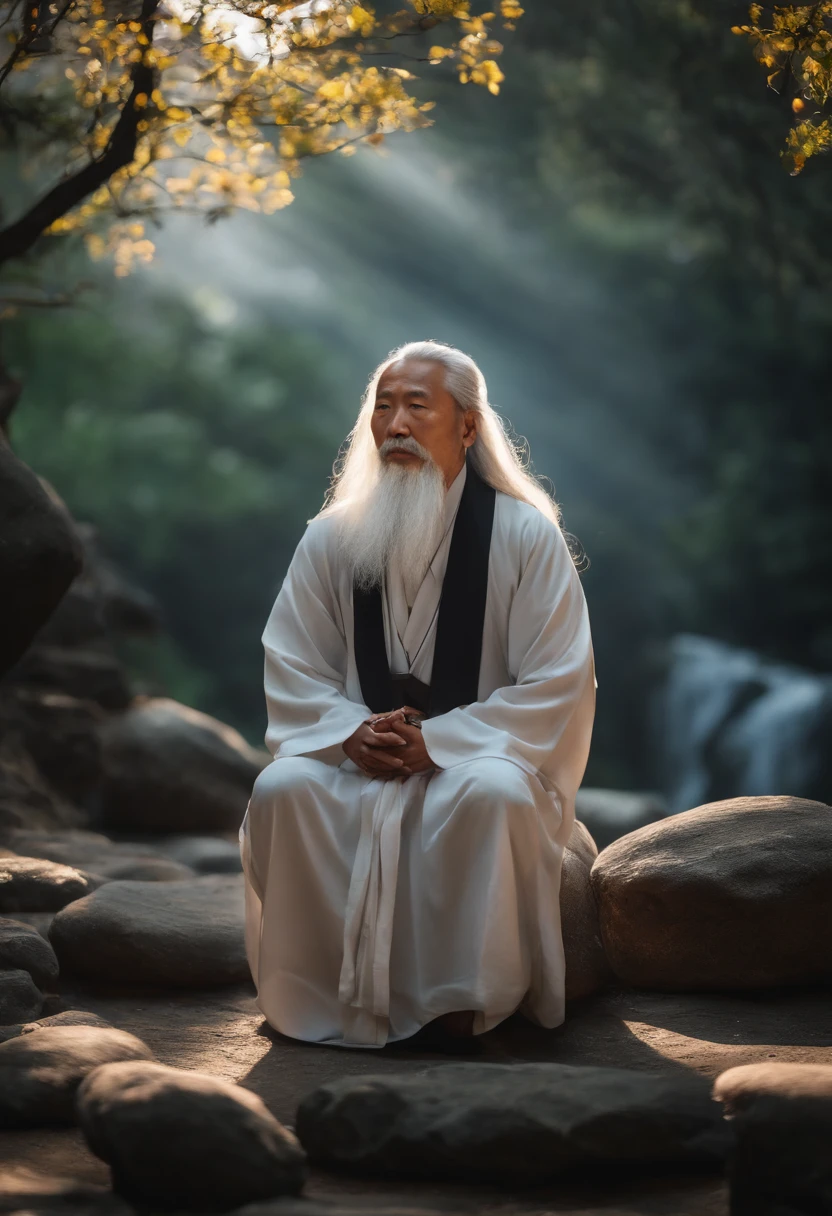 30-year-old Asian middle-aged Taoist elder sitting on stone close-up,long white hair，Long beard，Cross legged meditation，Daoism, Wearing a gray robe，magic aura，Taoist master,Taoist，In the center，facing the camera，Very bright colors, light particles, Glowing light, mshef, wallpaper art, Ultra HD Wallpaper Tai Chi Diagram glowing overhead
